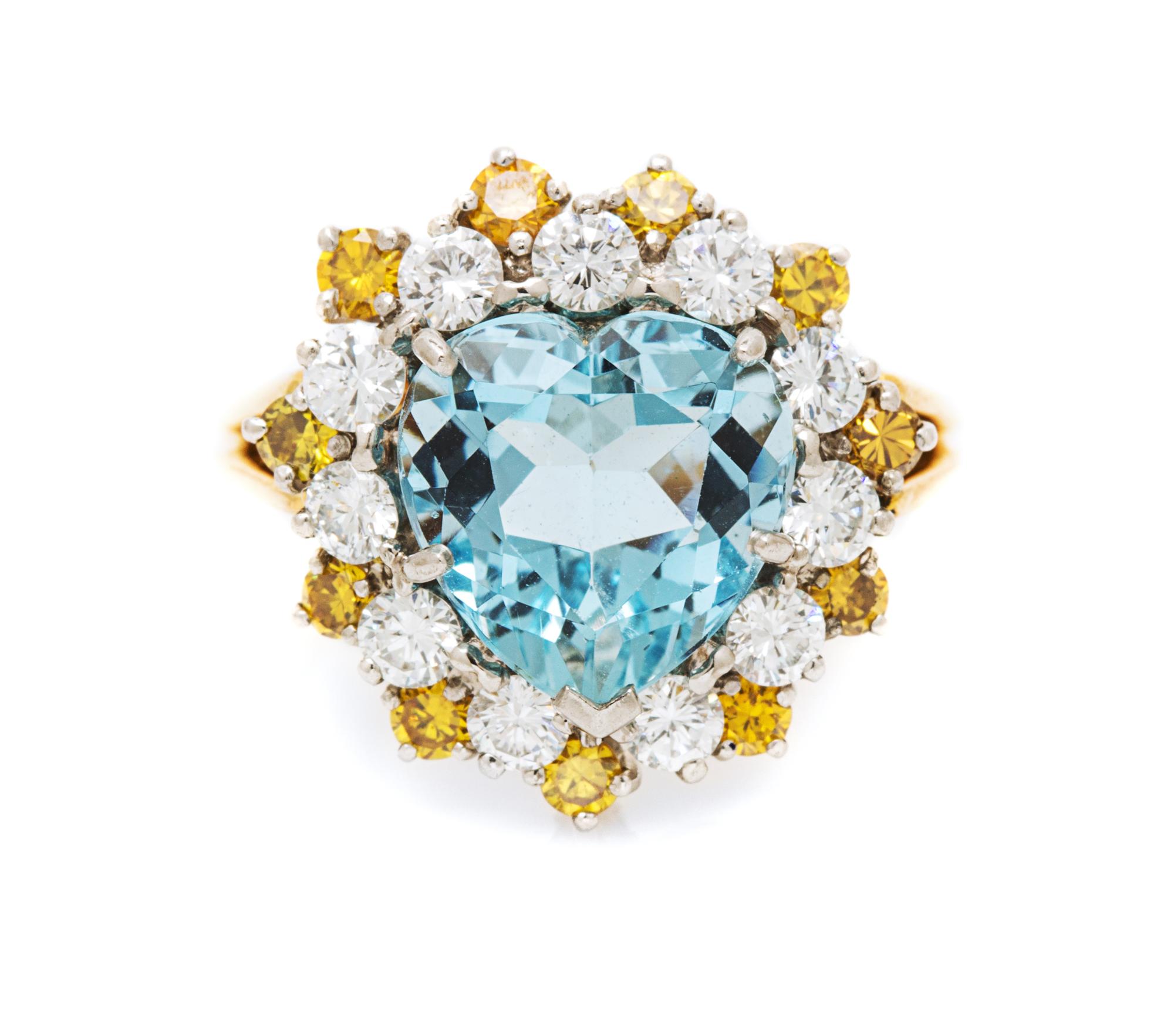 An 18 Karat Yellow Gold, Platinum, Aquamarine, Colored Diamond and Diamond Ring, 4.10 dwts.