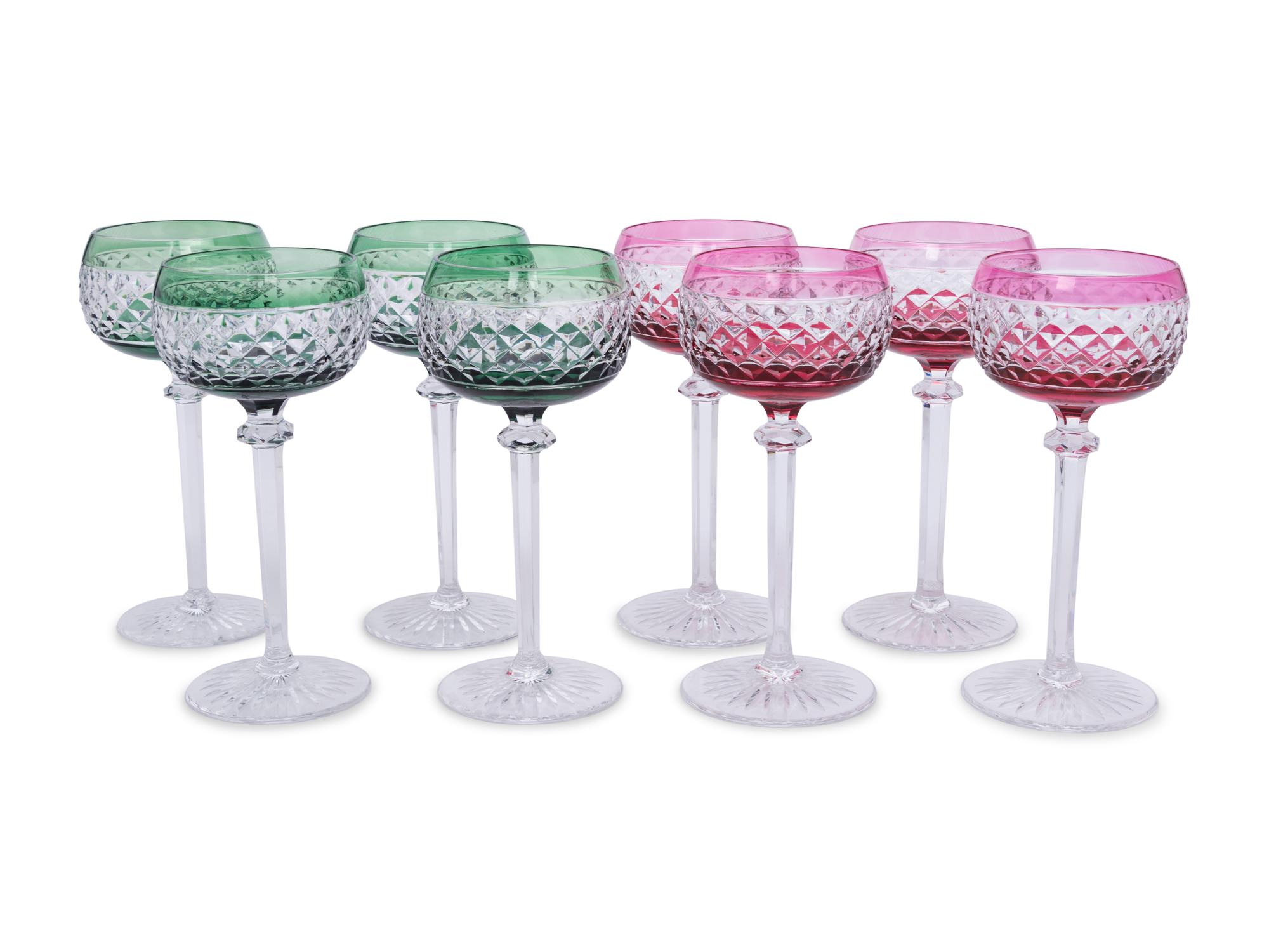 A Set of Eight Val St. Lambert Colored and Cut Glass Wine Hocks