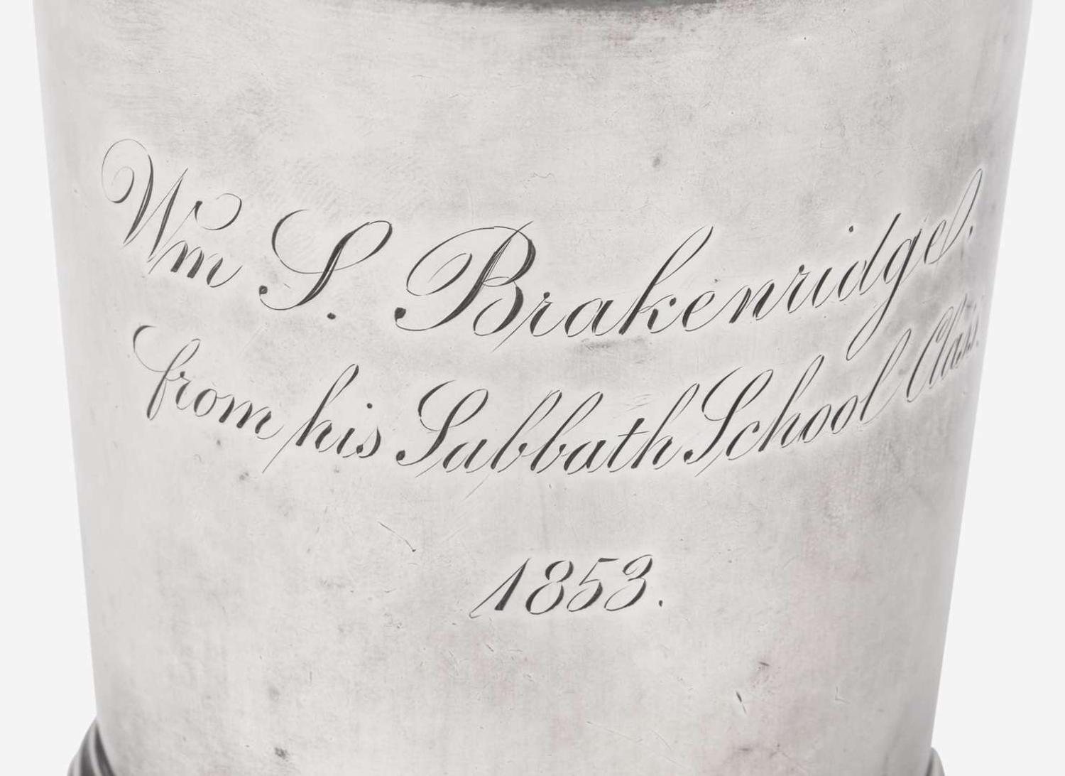 A collection of six coin silver presentation cups, Hezekiah S. Sprague (1800-1886), Newark, OH, Zalmon Stone Bostwick (1811- before 1865), New York, NY, William Adams, New York, NY, Bigelow Bros. & Kennard, Boston, MA, and others, circa 1830-1850s
