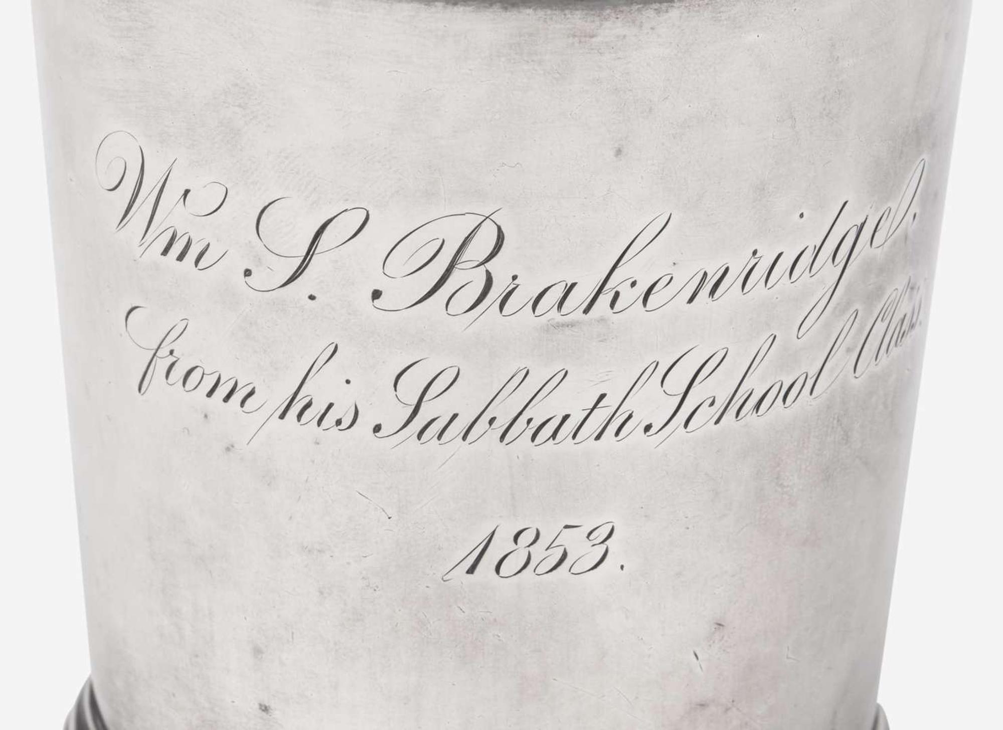 A collection of six coin silver presentation cups, Hezekiah S. Sprague (1800-1886), Newark, OH, Zalmon Stone Bostwick (1811- before 1865), New York, NY, William Adams, New York, NY, Bigelow Bros. & Kennard, Boston, MA, and others, circa 1830-1850s