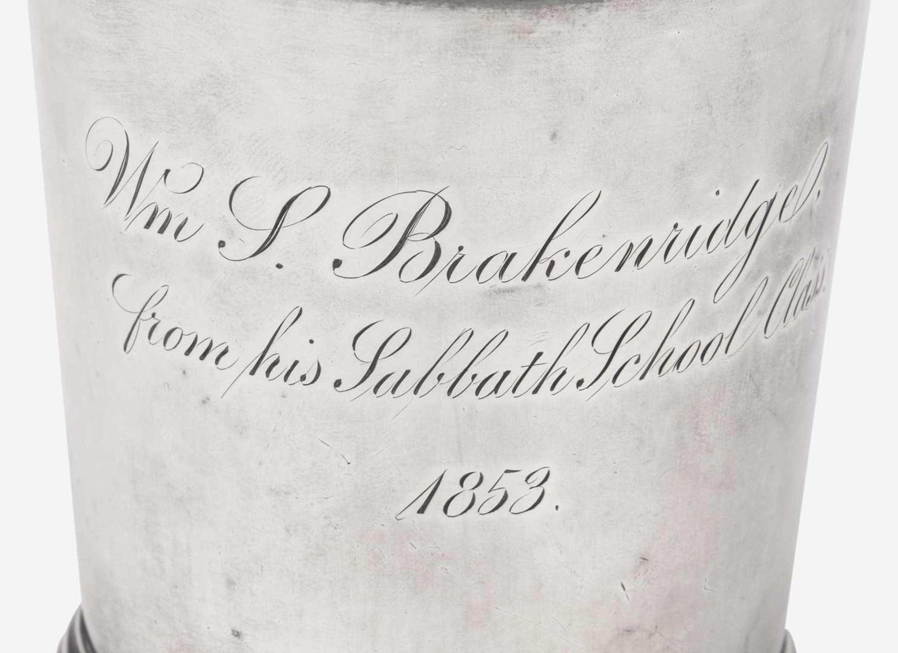 A collection of six coin silver presentation cups, Hezekiah S. Sprague (1800-1886), Newark, OH, Zalmon Stone Bostwick (1811- before 1865), New York, NY, William Adams, New York, NY, Bigelow Bros. & Kennard, Boston, MA, and others, circa 1830-1850s