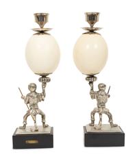 A Pair of Anthony Redmile Ostrich Egg and Nickel-Plated Candlesticks