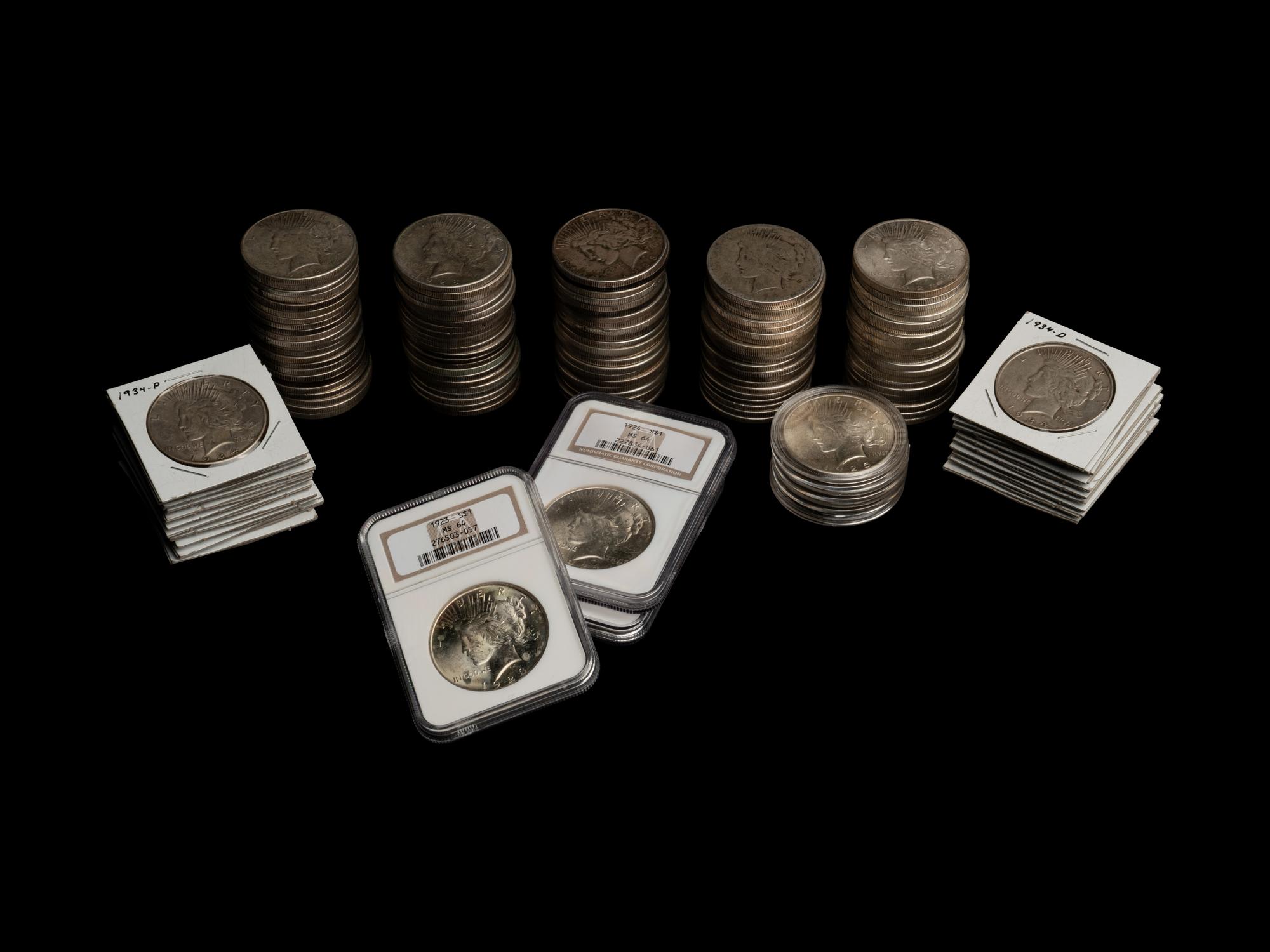 A Large Collection of One Hundred and Thirty-Nine Peace $1 Coins
