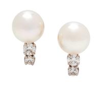 A Pair of 14 Karat White Gold, Cultured Pearl and Diamond Earclips,