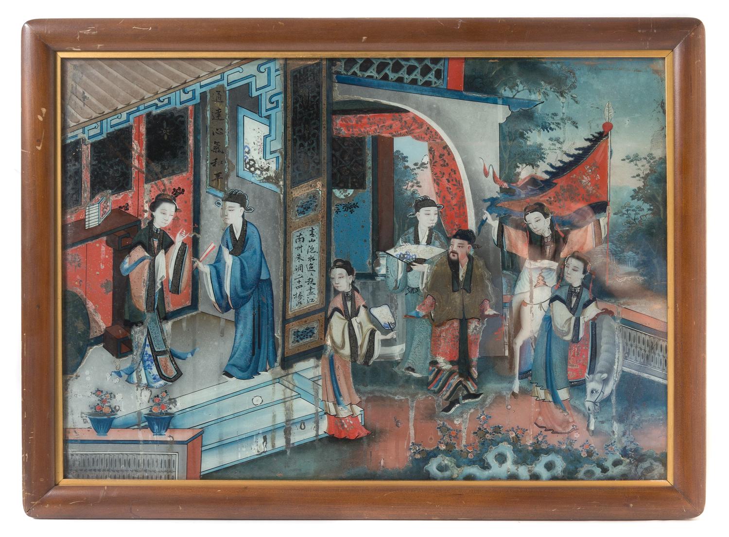 A Reverse Painted Glass Panel 18 x 25 1/2 inches.