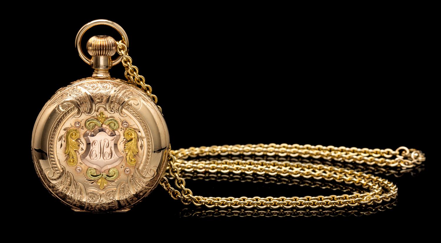 A 14 Karat Tricolor Gold Hunter Case Pocket Watch, Elgin, Circa 1892,