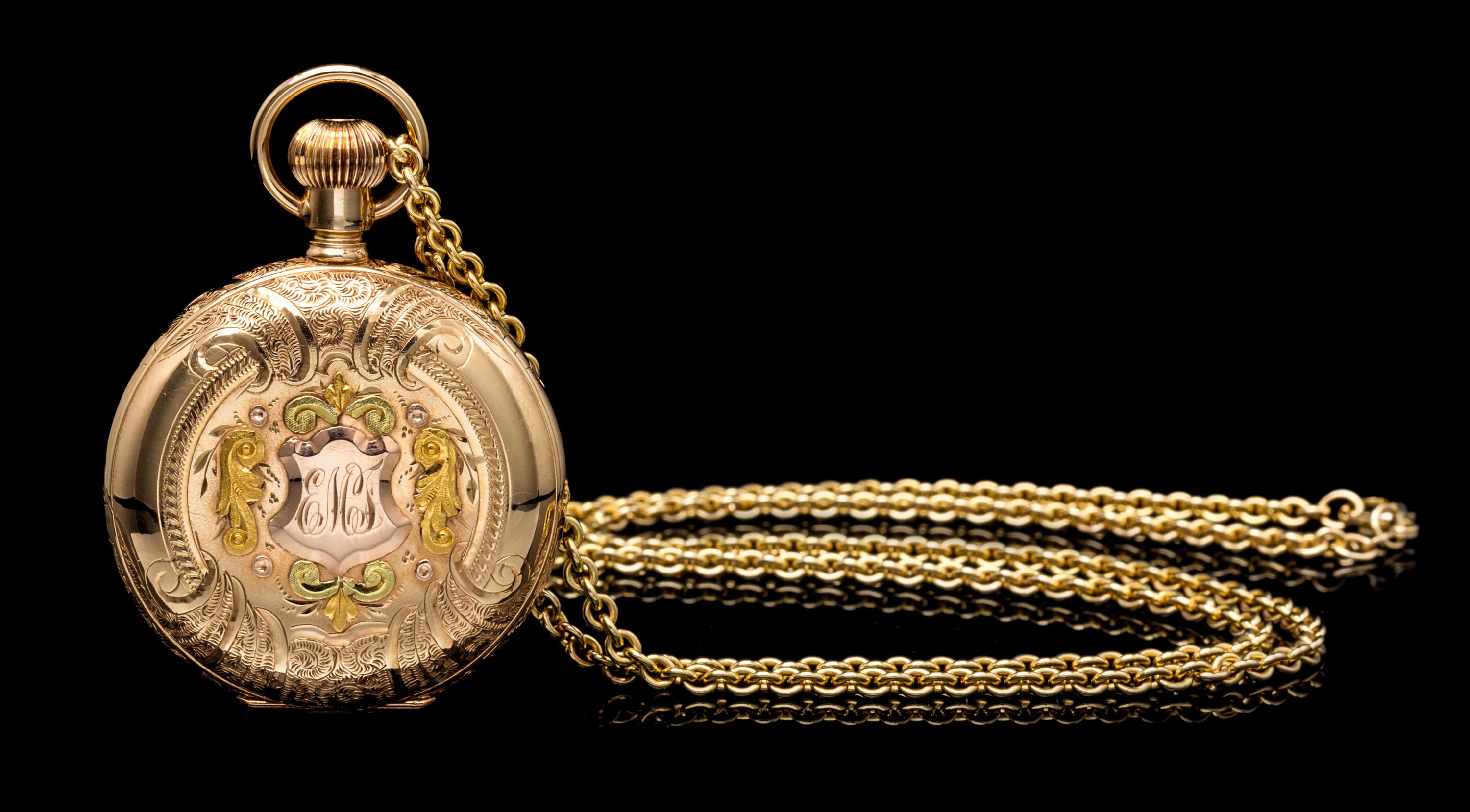 A 14 Karat Tricolor Gold Hunter Case Pocket Watch, Elgin, Circa 1892,
