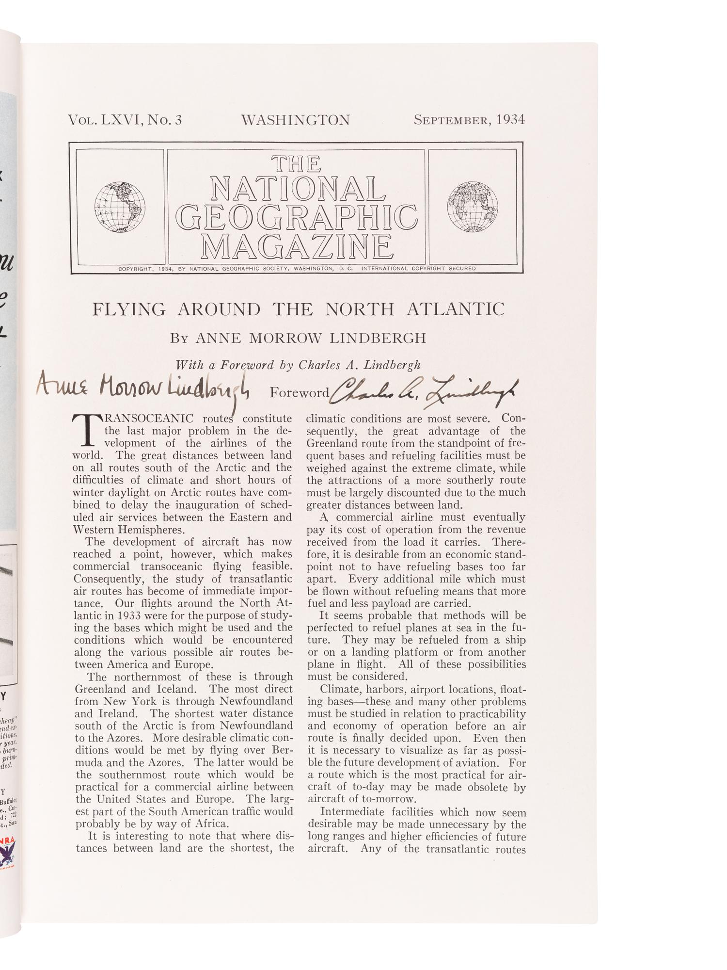 LINDBERGH, Anne Morrow (1906-2001). "Flying Around the North Atlantic." In: National Geographic . Washington: The National Geographic Society, September 1934.