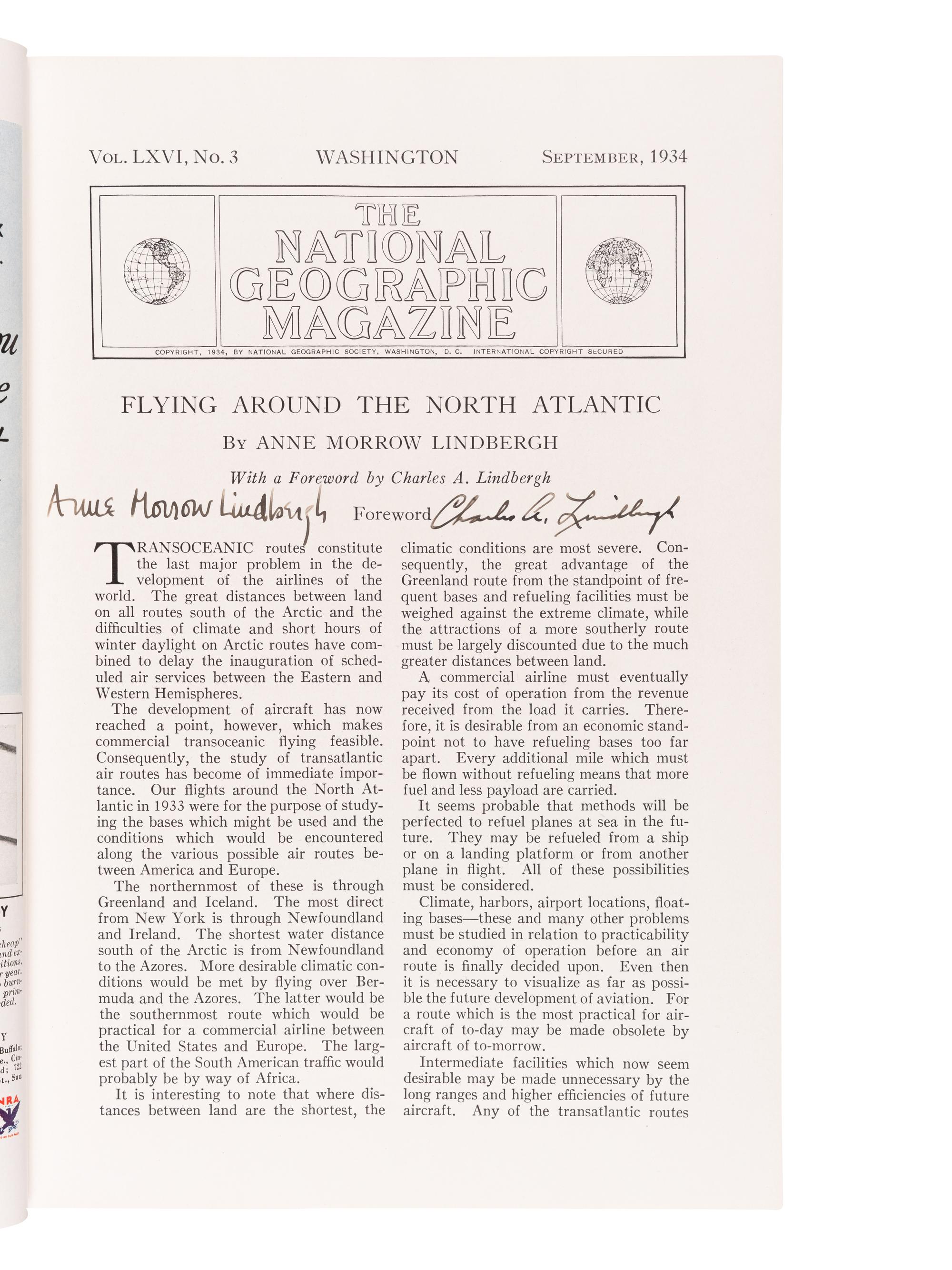 LINDBERGH, Anne Morrow (1906-2001). "Flying Around the North Atlantic." In: National Geographic . Washington: The National Geographic Society, September 1934.