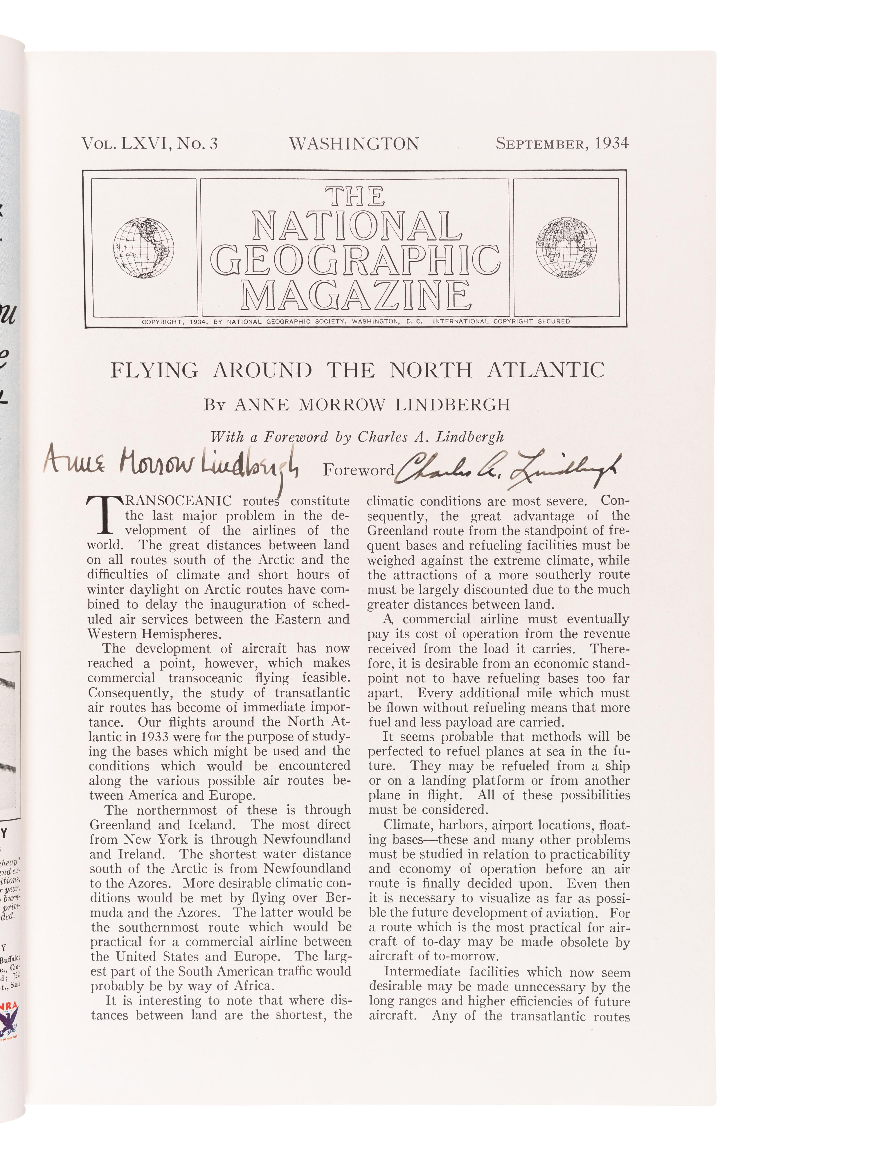 LINDBERGH, Anne Morrow (1906-2001). "Flying Around the North Atlantic." In: National Geographic . Washington: The National Geographic Society, September 1934.