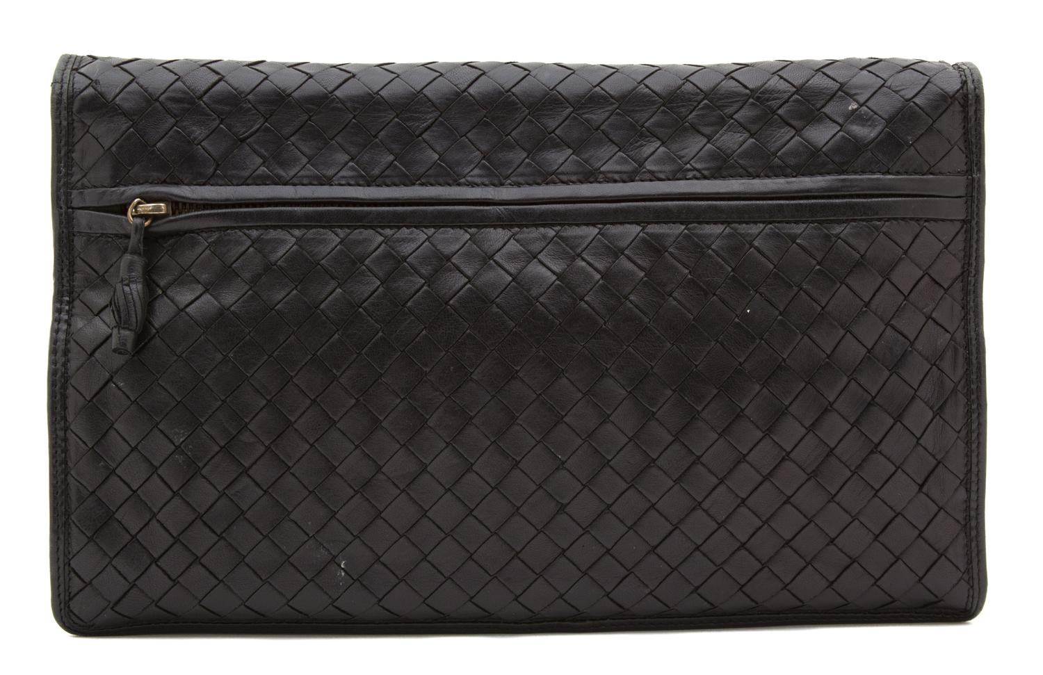 A Bottega Veneta Black Intrecciato Flap Handbag, 12" x 8" x 1".