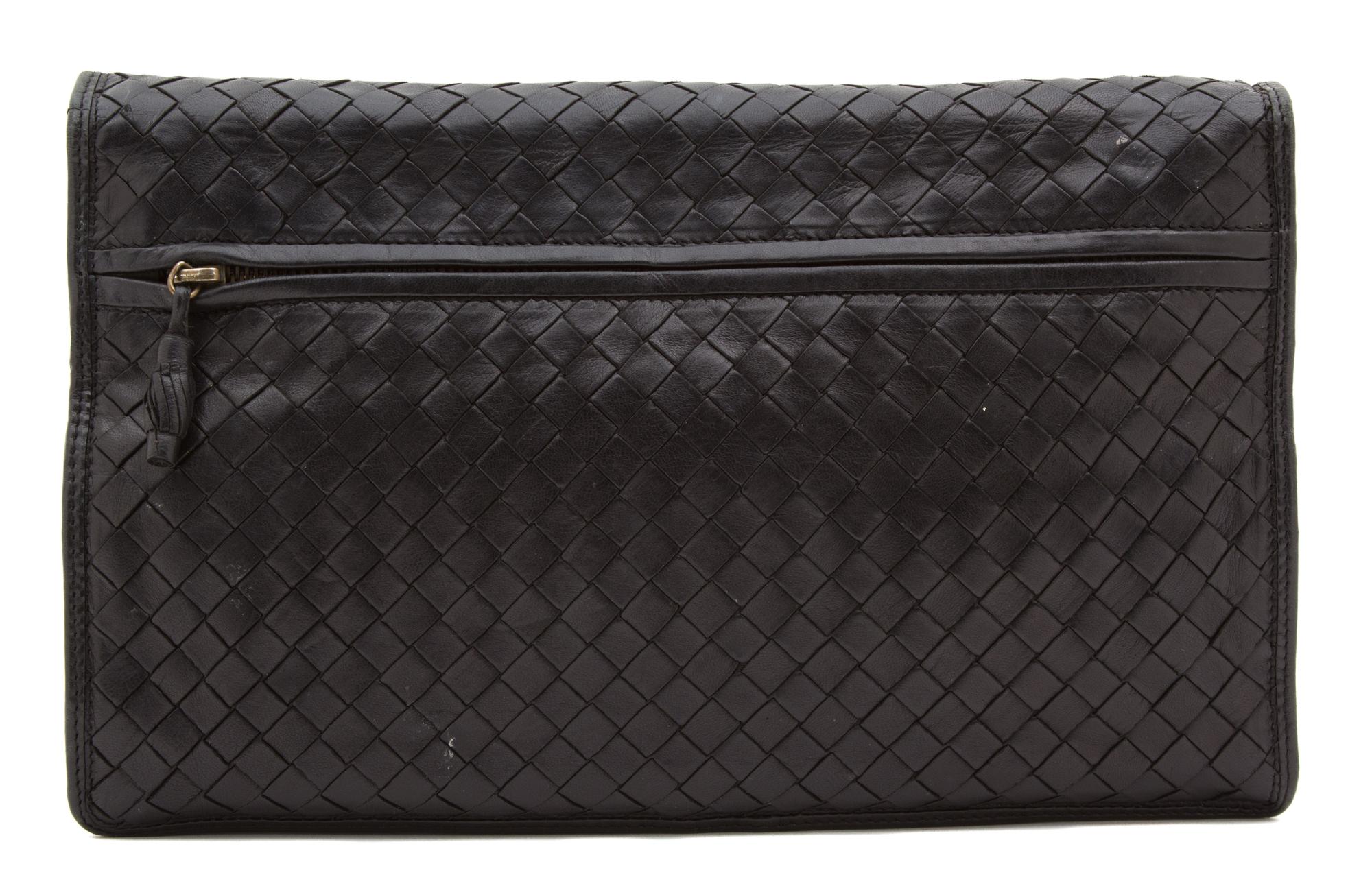 A Bottega Veneta Black Intrecciato Flap Handbag, 12" x 8" x 1".