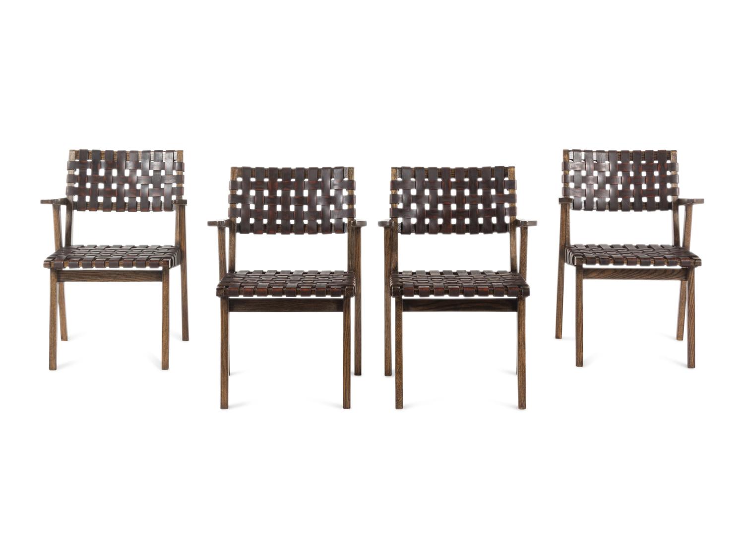 A Set of Four Contemporary Oak and Leather Armchairs