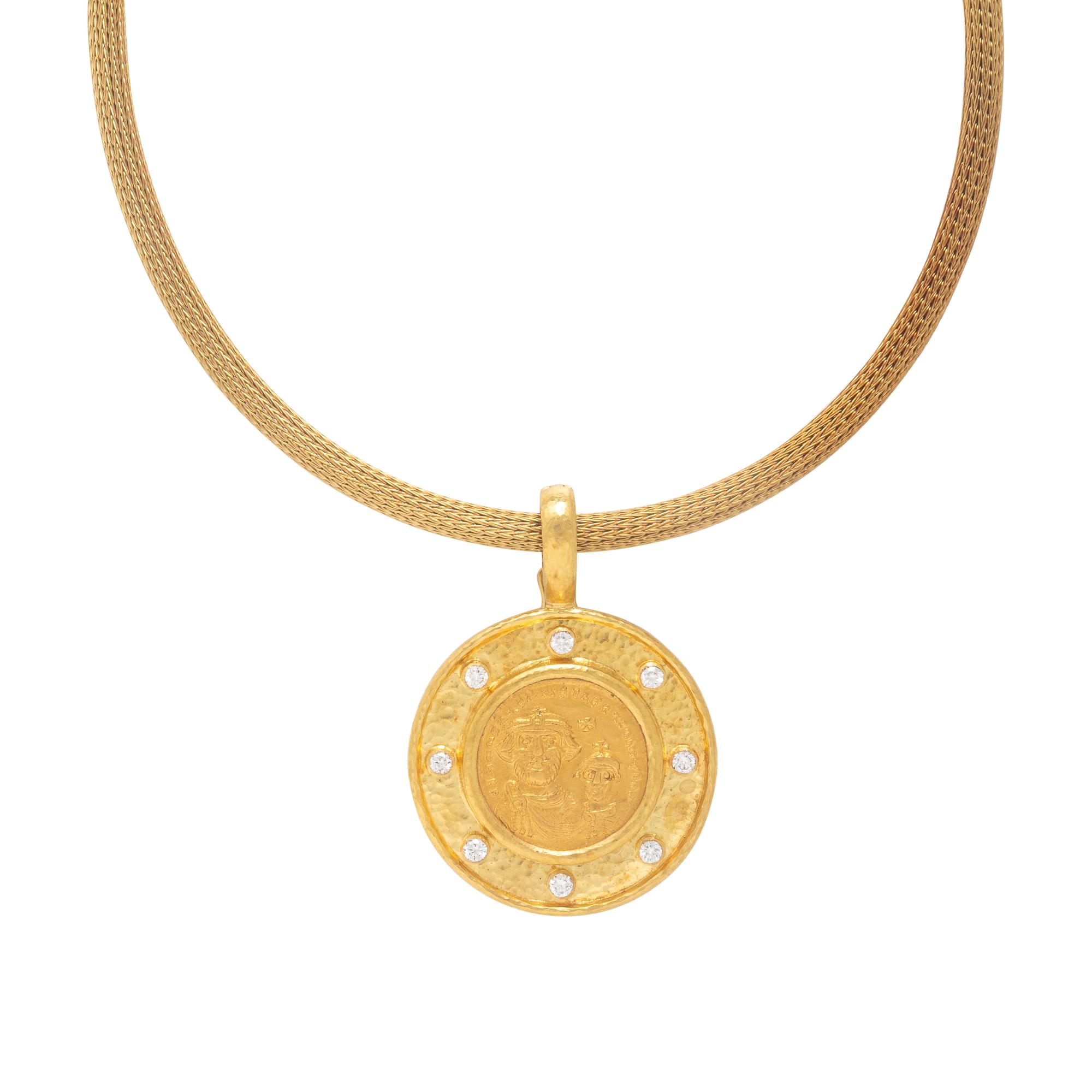 Elizabeth Locke, Yellow Gold and Diamond Ancient Coin Pendant with Unsigned Chain