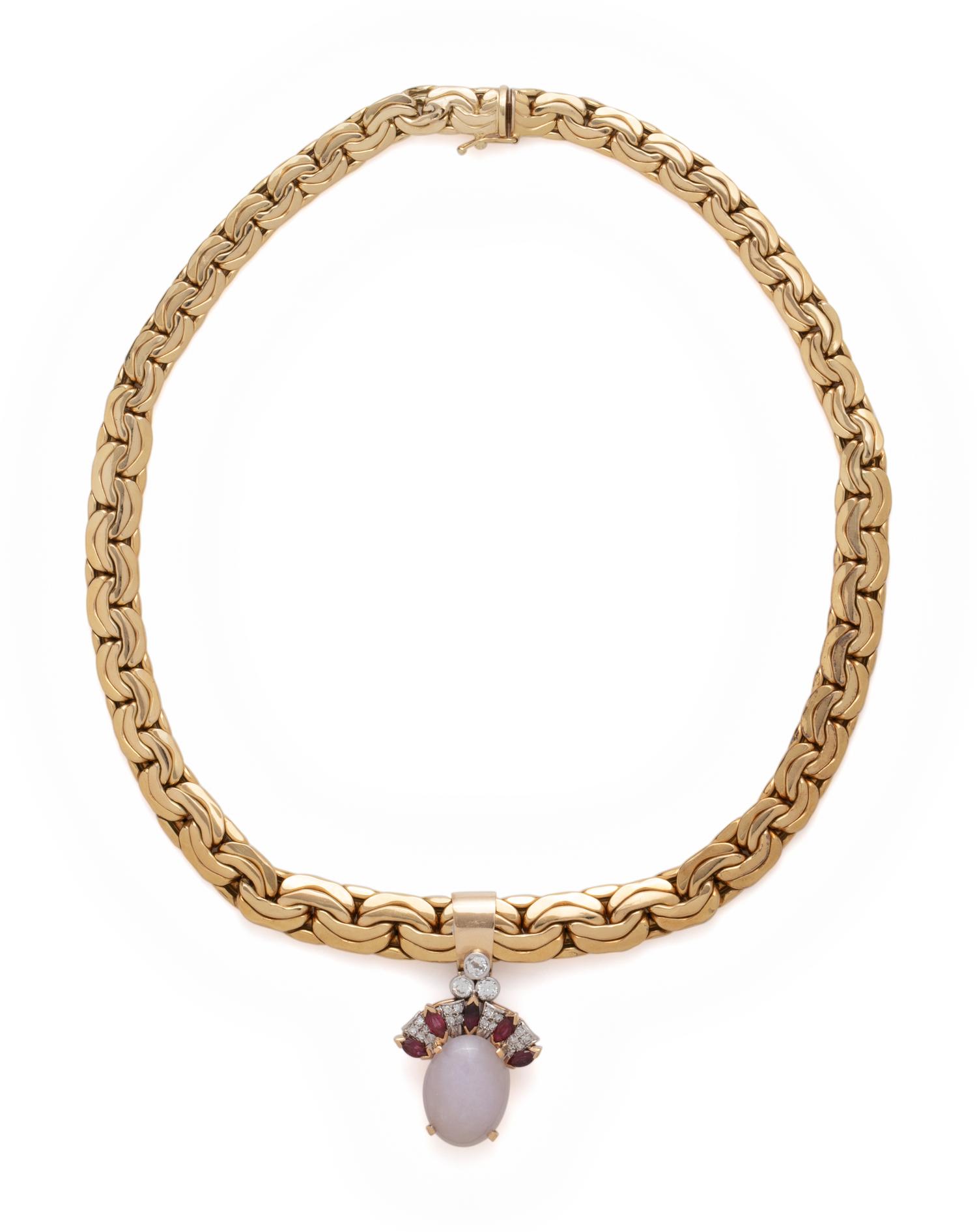 YELLOW GOLD, LAVENDER JADE, DIAMOND AND RUBY PENDANT/NECKLACE
