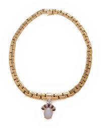 YELLOW GOLD, LAVENDER JADE, DIAMOND AND RUBY PENDANT/NECKLACE