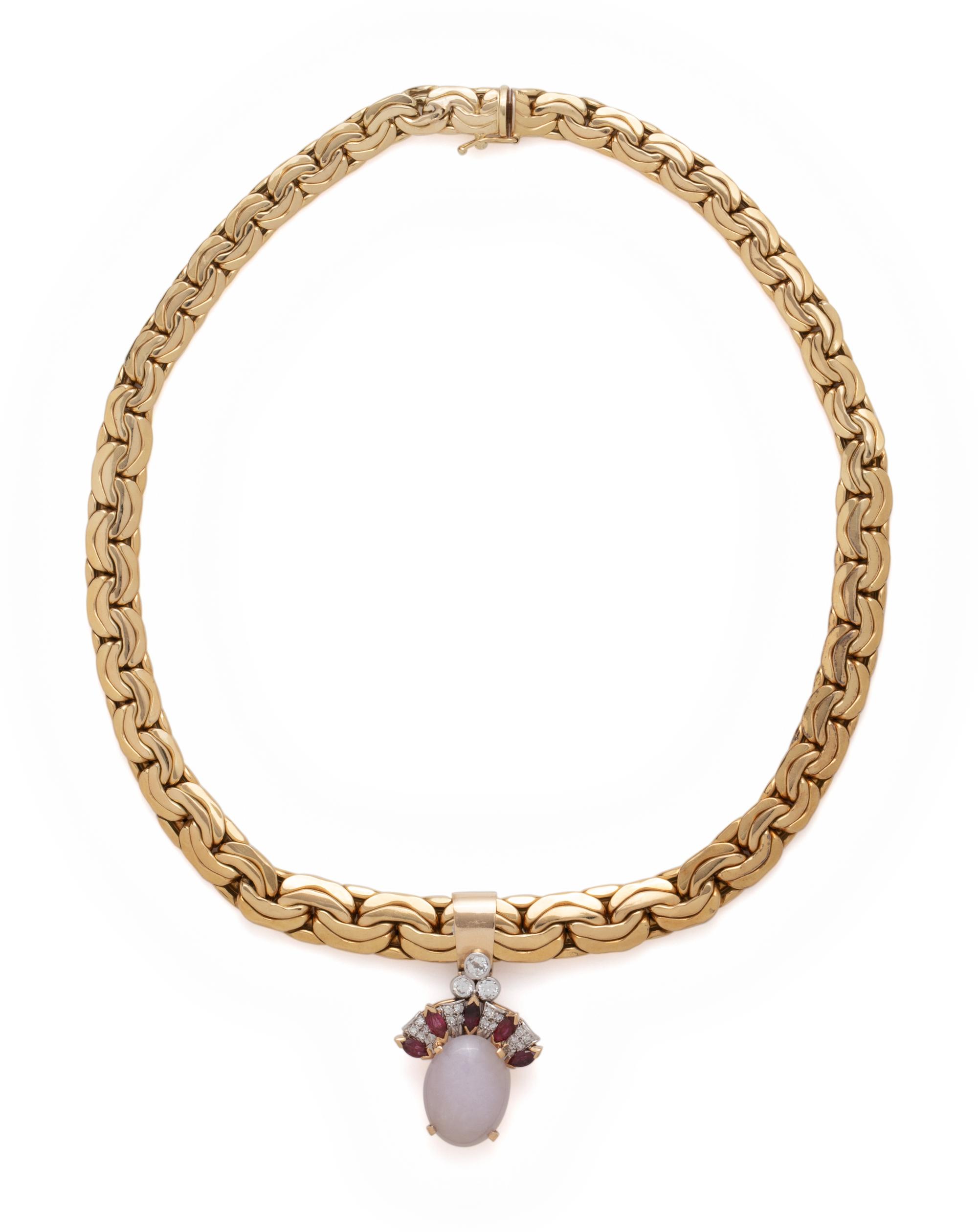 YELLOW GOLD, LAVENDER JADE, DIAMOND AND RUBY PENDANT/NECKLACE