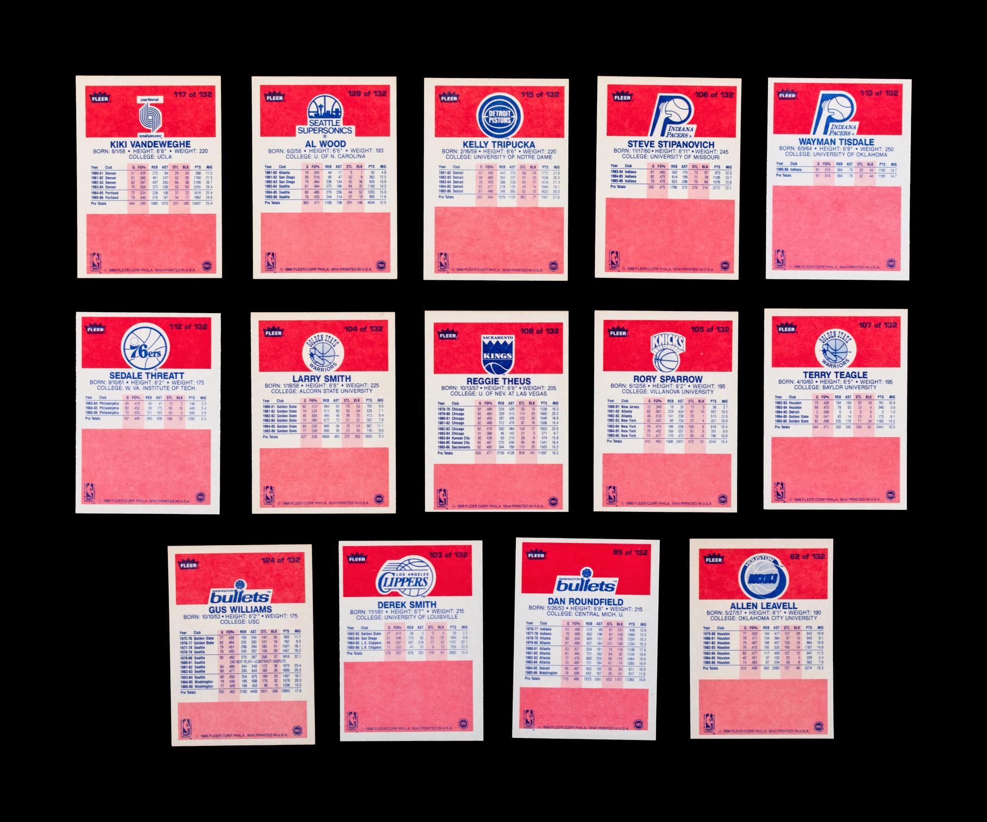 A Group of 54 1986 Fleer Basketball Cards, Including a Patrick Ewing Rookie No. 32, and Two Stickers