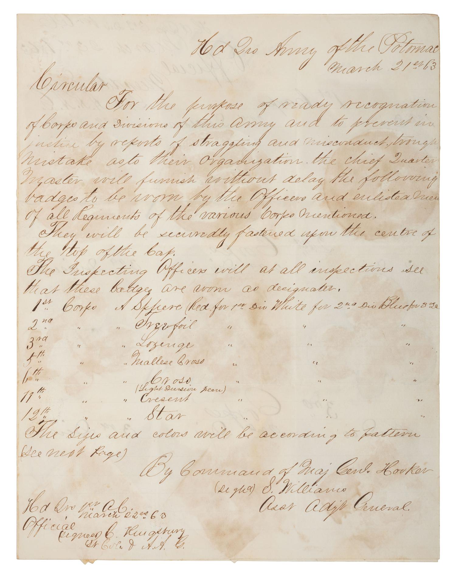 Manuscript circular in which Major General Joseph Hooker orders the use of corps badges in the Army of the Potomac. Headquarters, Army of the Potomac. 21 March 1863.