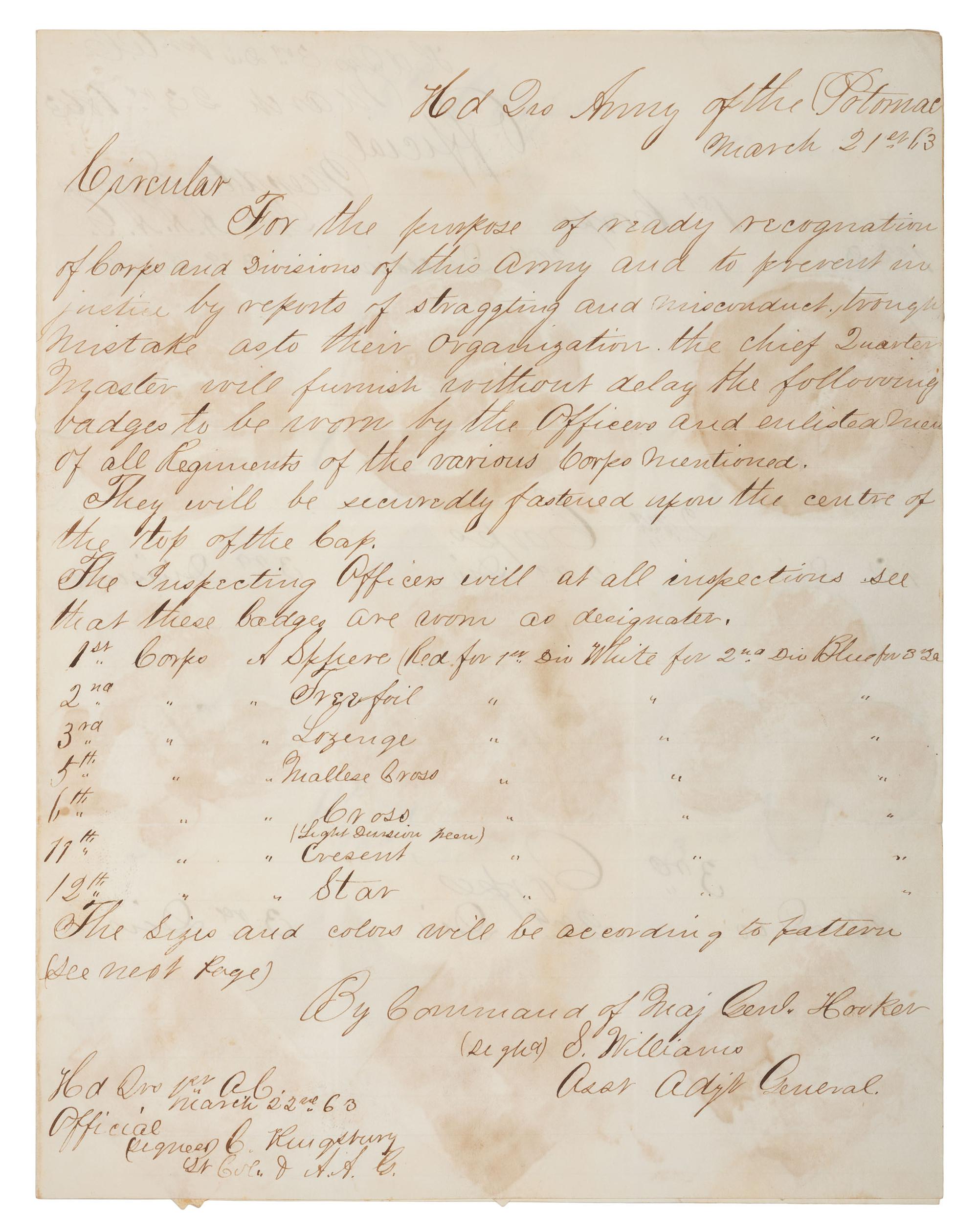 Manuscript circular in which Major General Joseph Hooker orders the use of corps badges in the Army of the Potomac. Headquarters, Army of the Potomac. 21 March 1863.