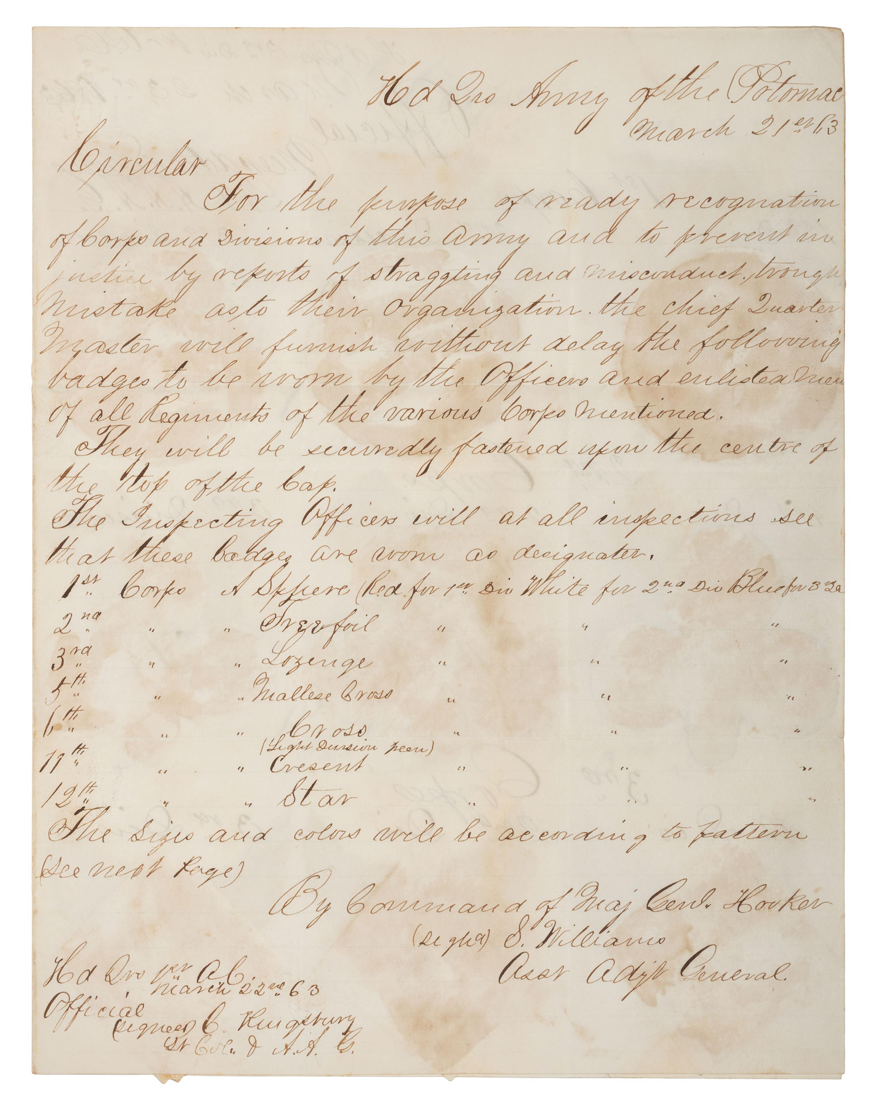 Manuscript circular in which Major General Joseph Hooker orders the use of corps badges in the Army of the Potomac. Headquarters, Army of the Potomac. 21 March 1863.