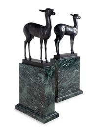 A Pair of Bronze Models of Pompeiian Deer on Marble Plinths