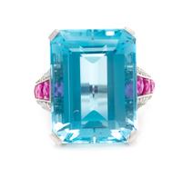 A Platinum, Aquamarine, Ruby and Diamond Ring, British, 9.70 dwts.