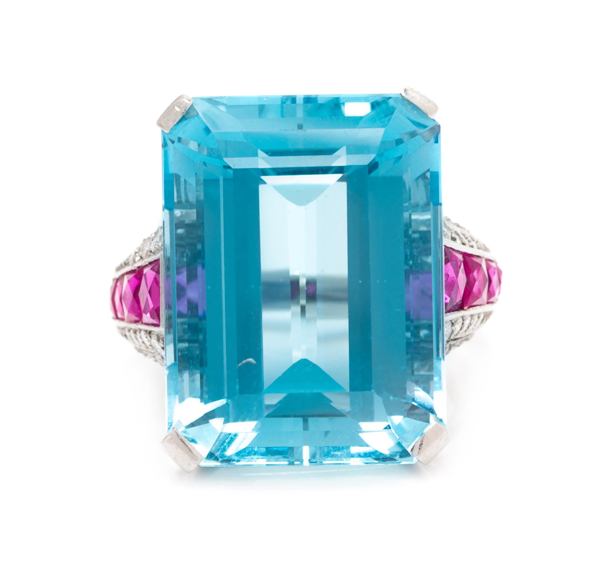 A Platinum, Aquamarine, Ruby and Diamond Ring, British, 9.70 dwts.