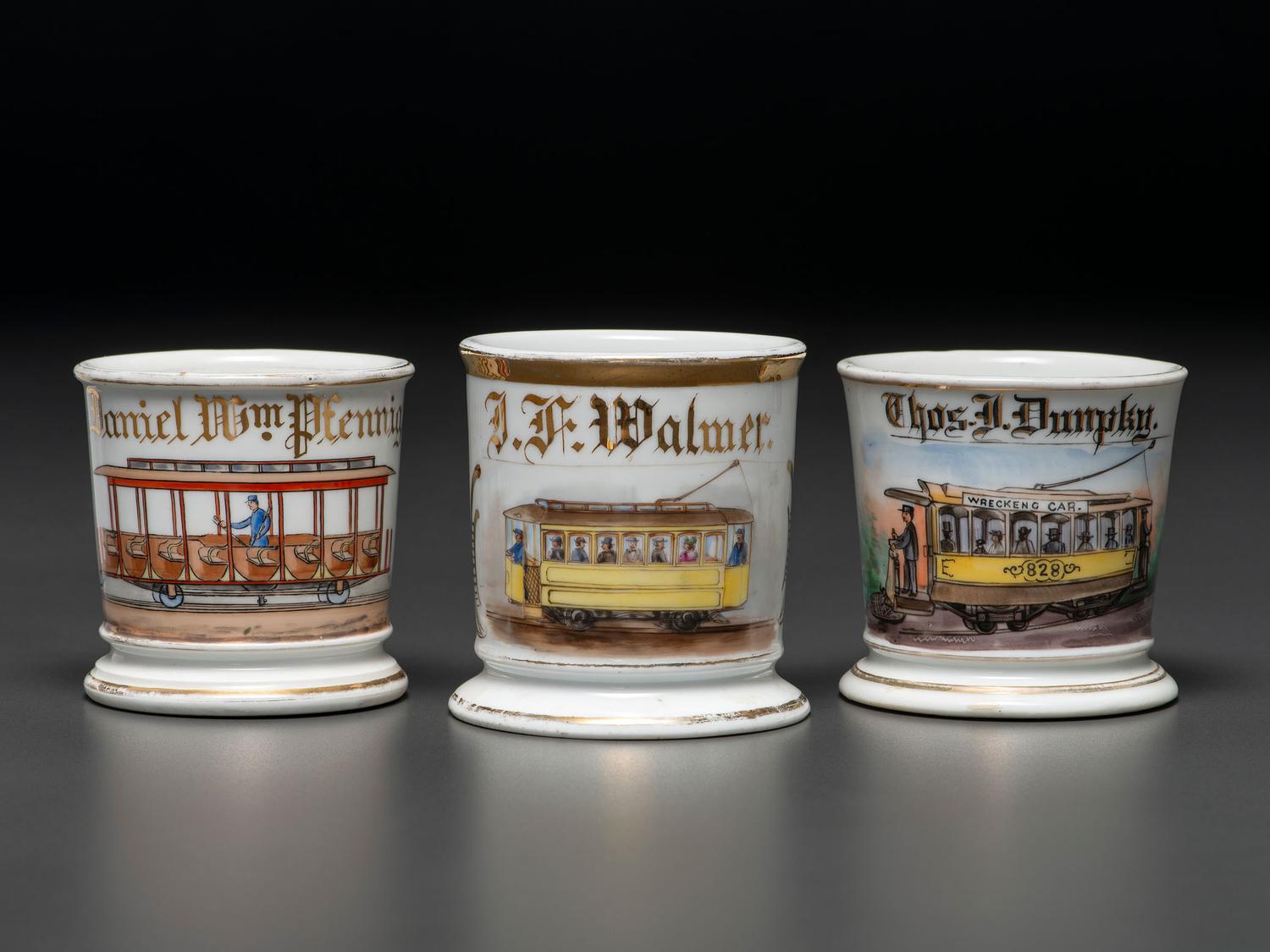 Three Trolley Car Operator's Porcelain Occupational Shaving Mugs