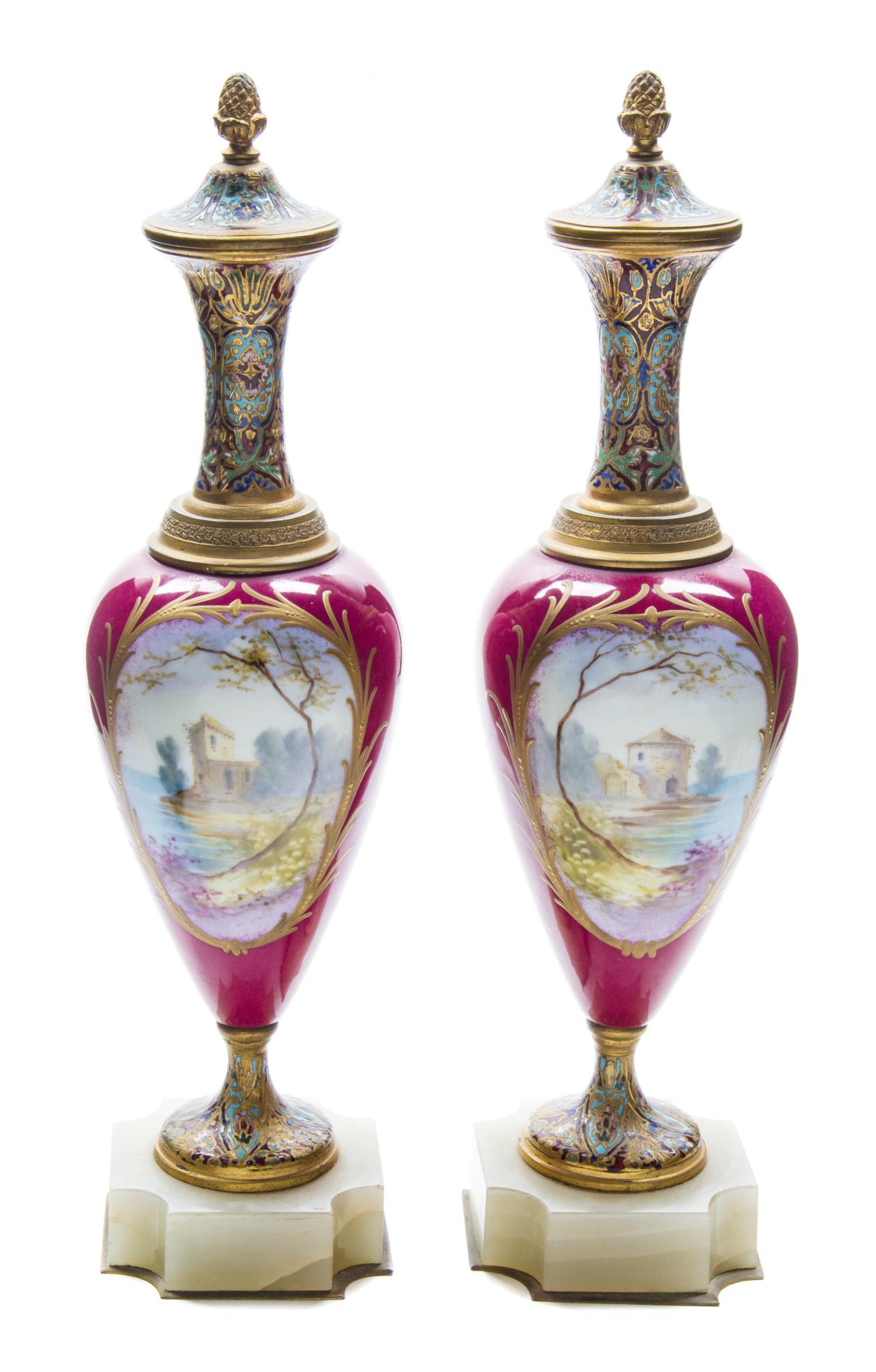 A Pair of Champleve and Gilt Metal Mounted Sevres Style Porcelain Vases Height 12 inches. — 19TH/20TH CENTURY