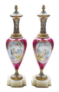 A Pair of Champleve and Gilt Metal Mounted Sevres Style Porcelain Vases Height 12 inches. — 19TH/20TH CENTURY