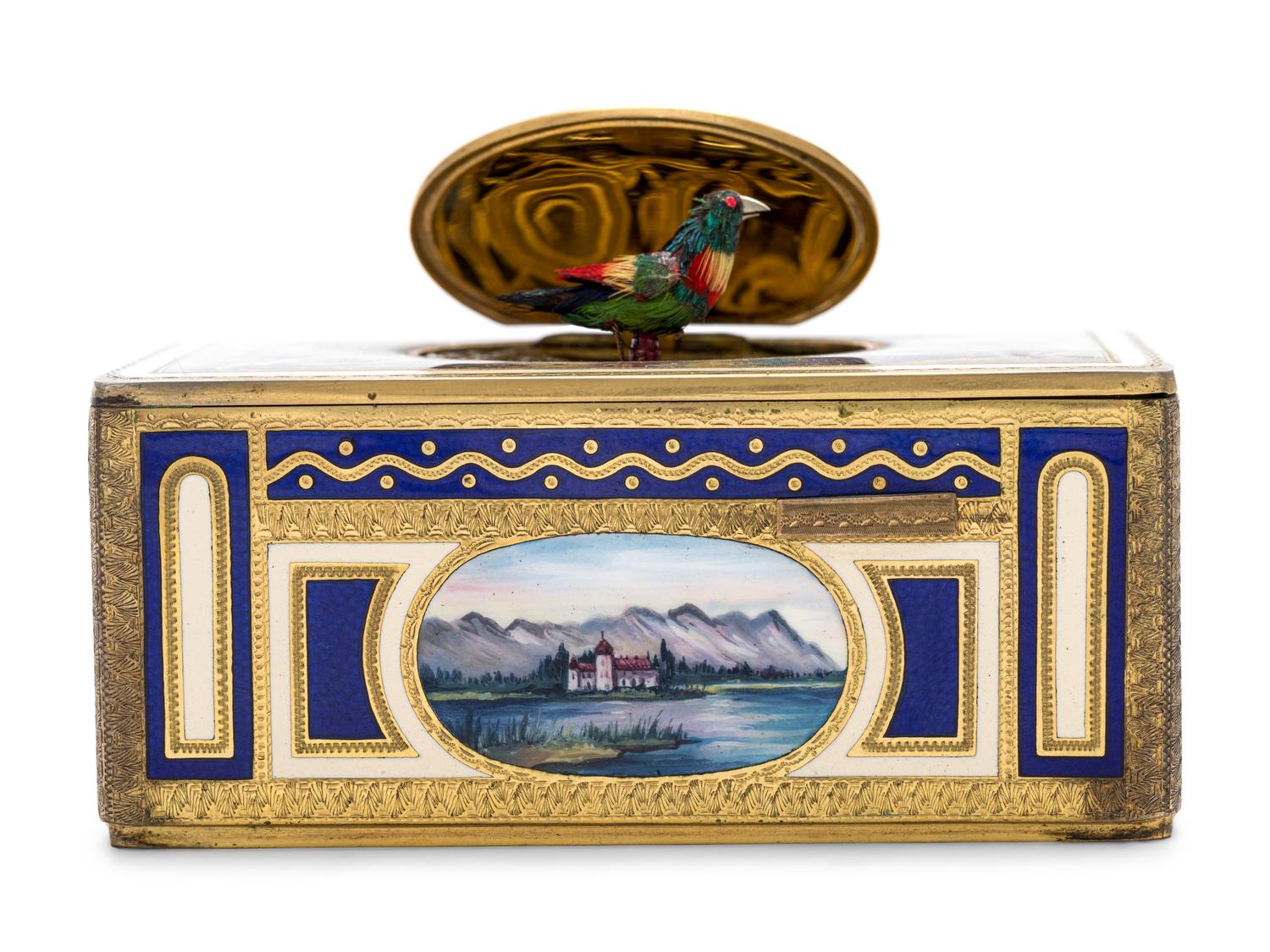A German Hand-Painted Enamel Singing Bird Automaton Box