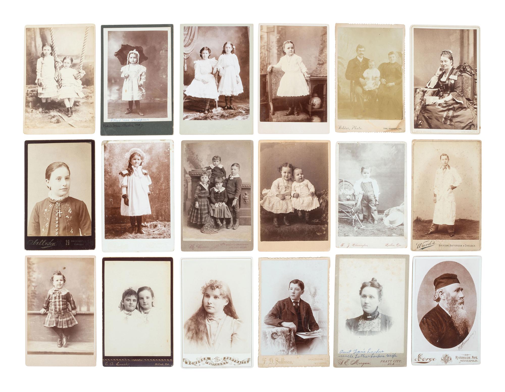 [EARLY PHOTOGRAPHY]. 83 cabinet & large format photos, incl. children, families, students, & a band
