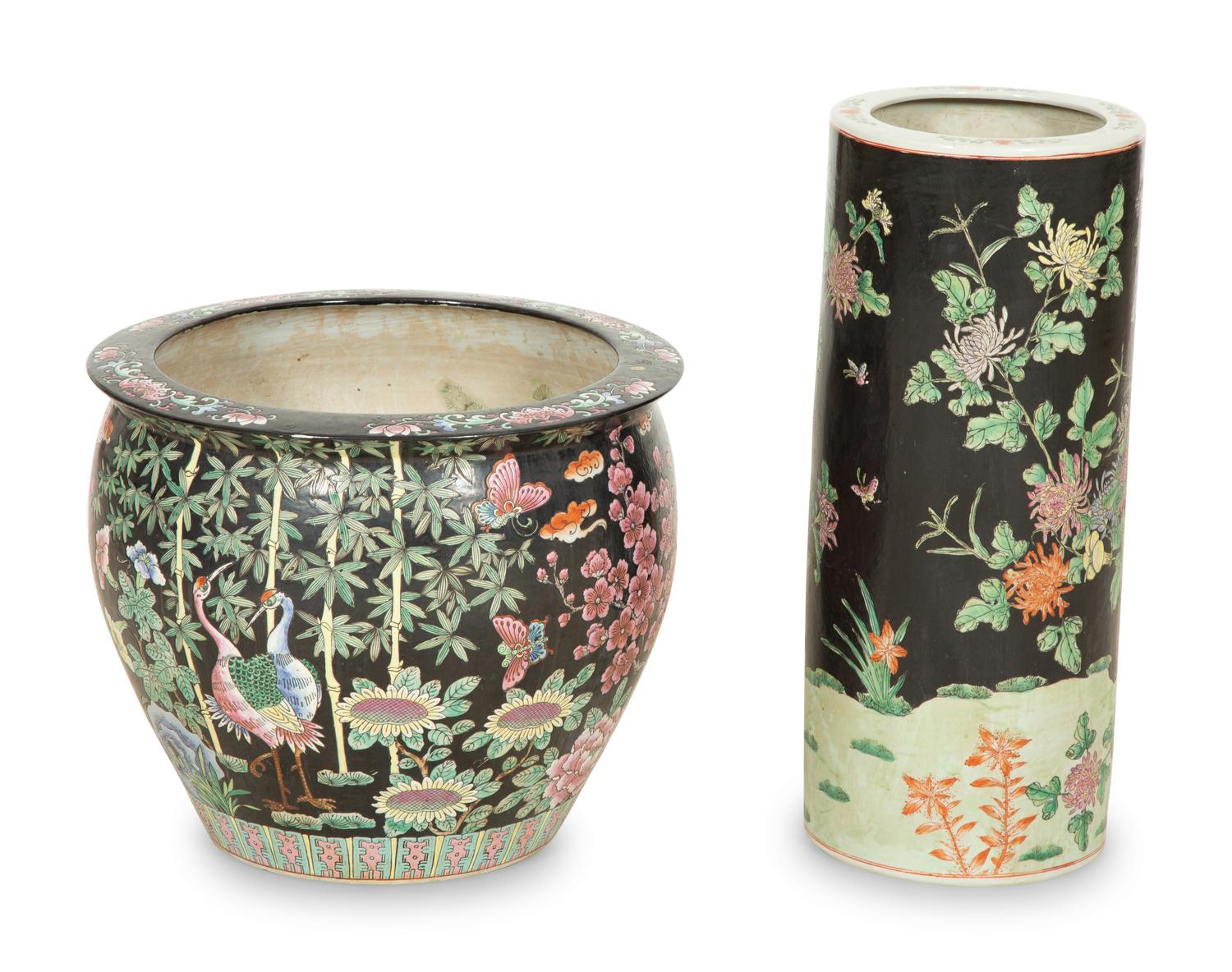 A Chinese Famille Noire Umbrella Stand and Jardinière