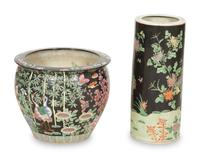 A Chinese Famille Noire Umbrella Stand and Jardinière