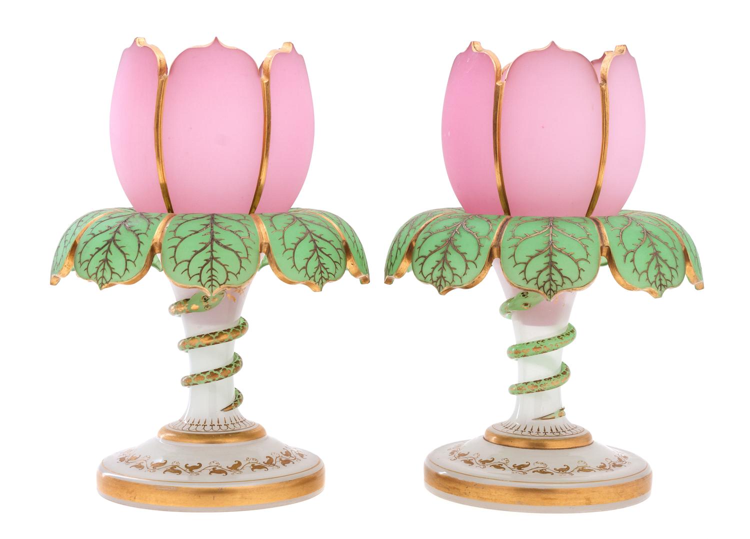A Pair of French Opaline Glass Floral-Form Urns — 20TH CENTURY
