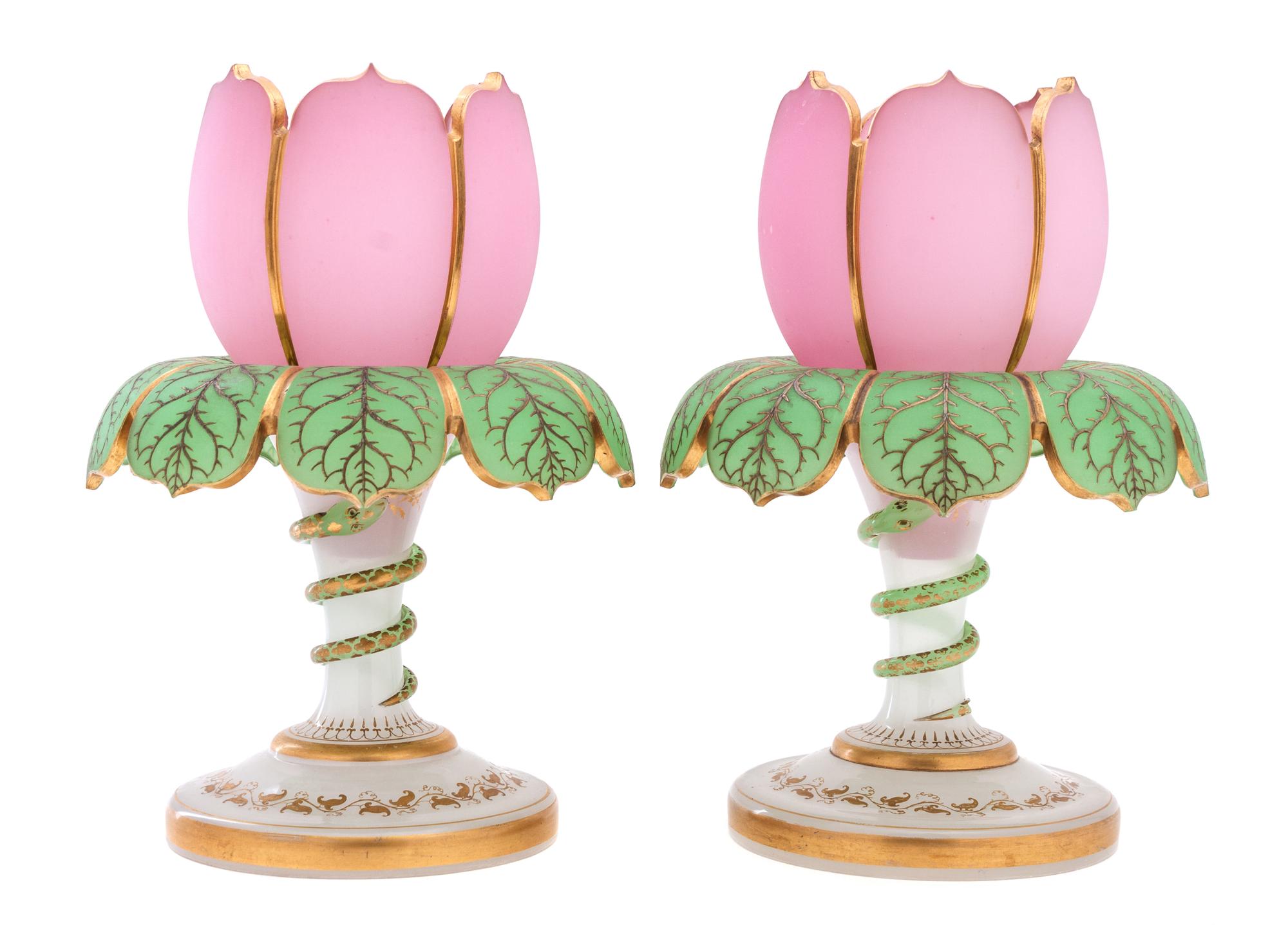 A Pair of French Opaline Glass Floral-Form Urns — 20TH CENTURY