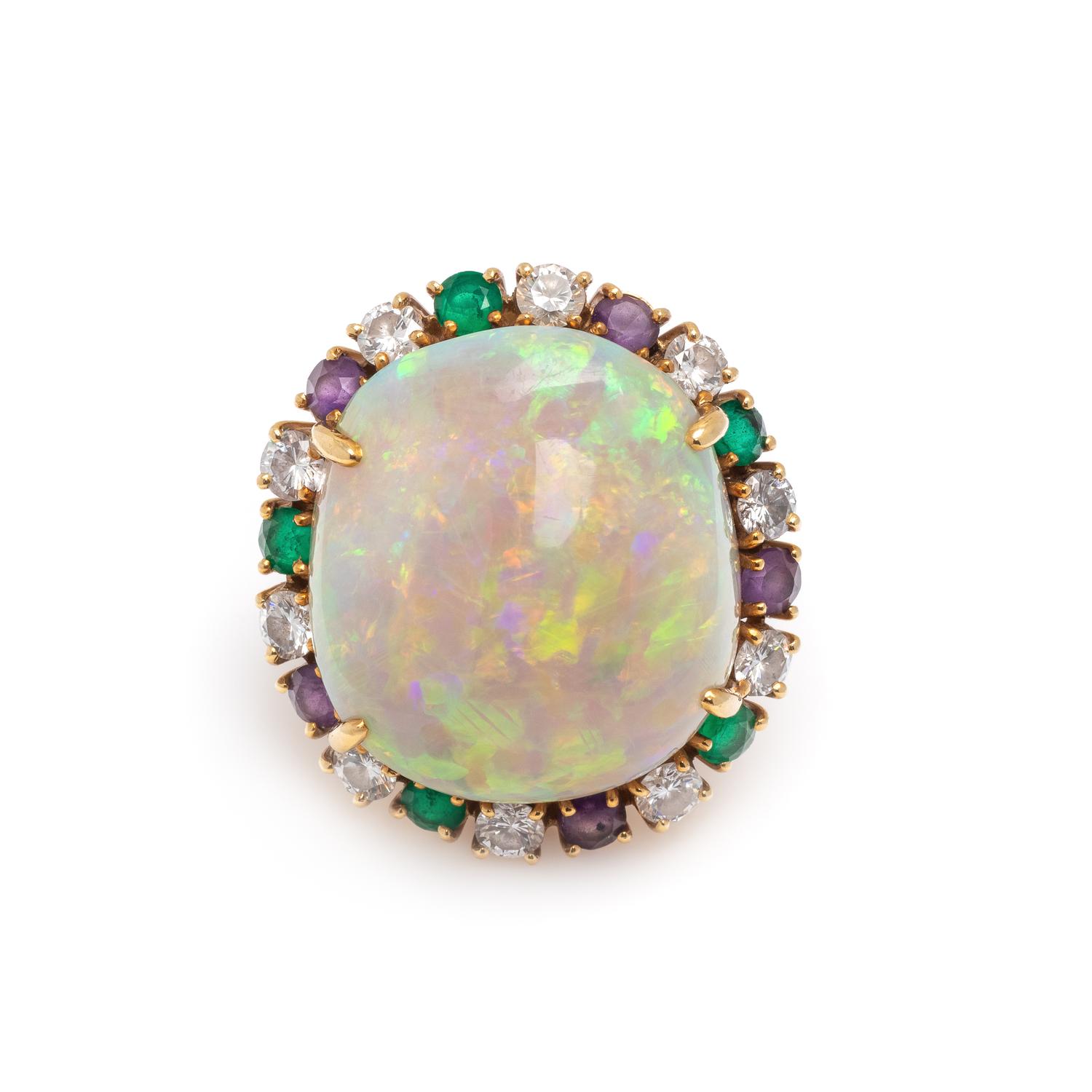 RAYMOND YARD, OPAL, DIAMOND, EMERALD AND AMETHYST RING
