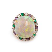 RAYMOND YARD, OPAL, DIAMOND, EMERALD AND AMETHYST RING
