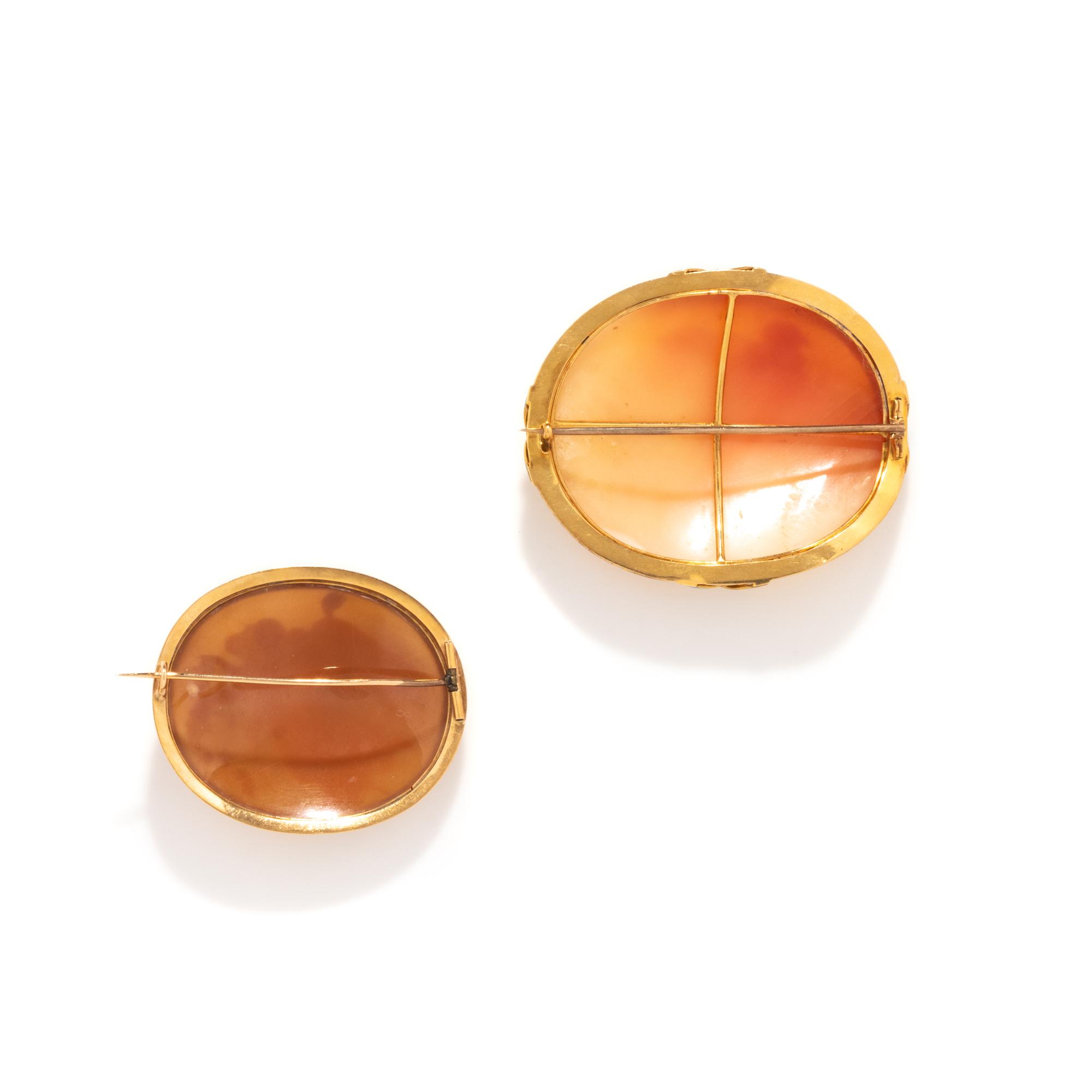 NEOCLASSICAL, TWO YELLOW GOLD AND SHELL CAMEO BROOCHES