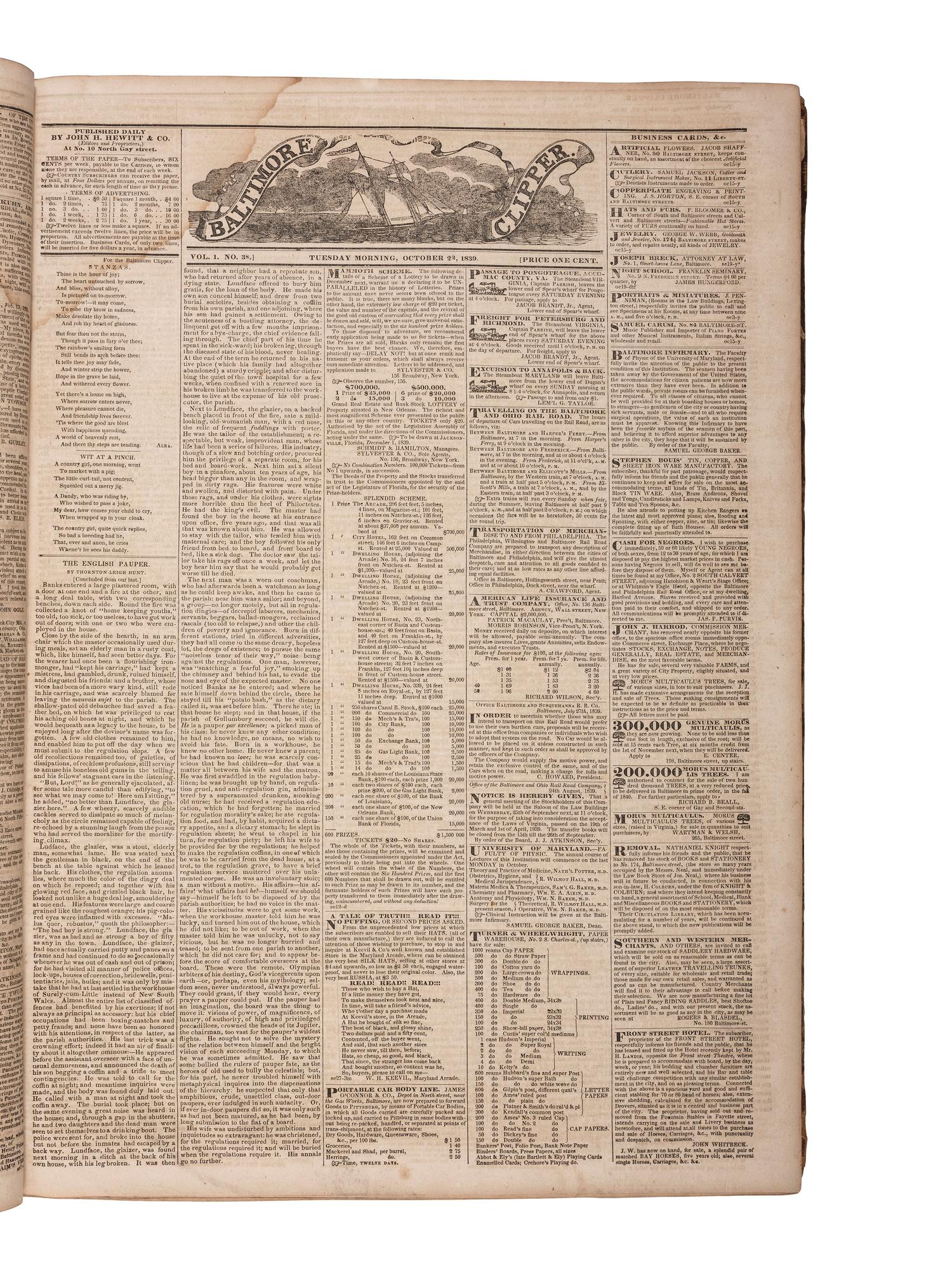 [NEWSPAPERS -- BALTIMORE]. The Baltimore Clipper. Bound volume, 122 issues, October 1839-March 1840.