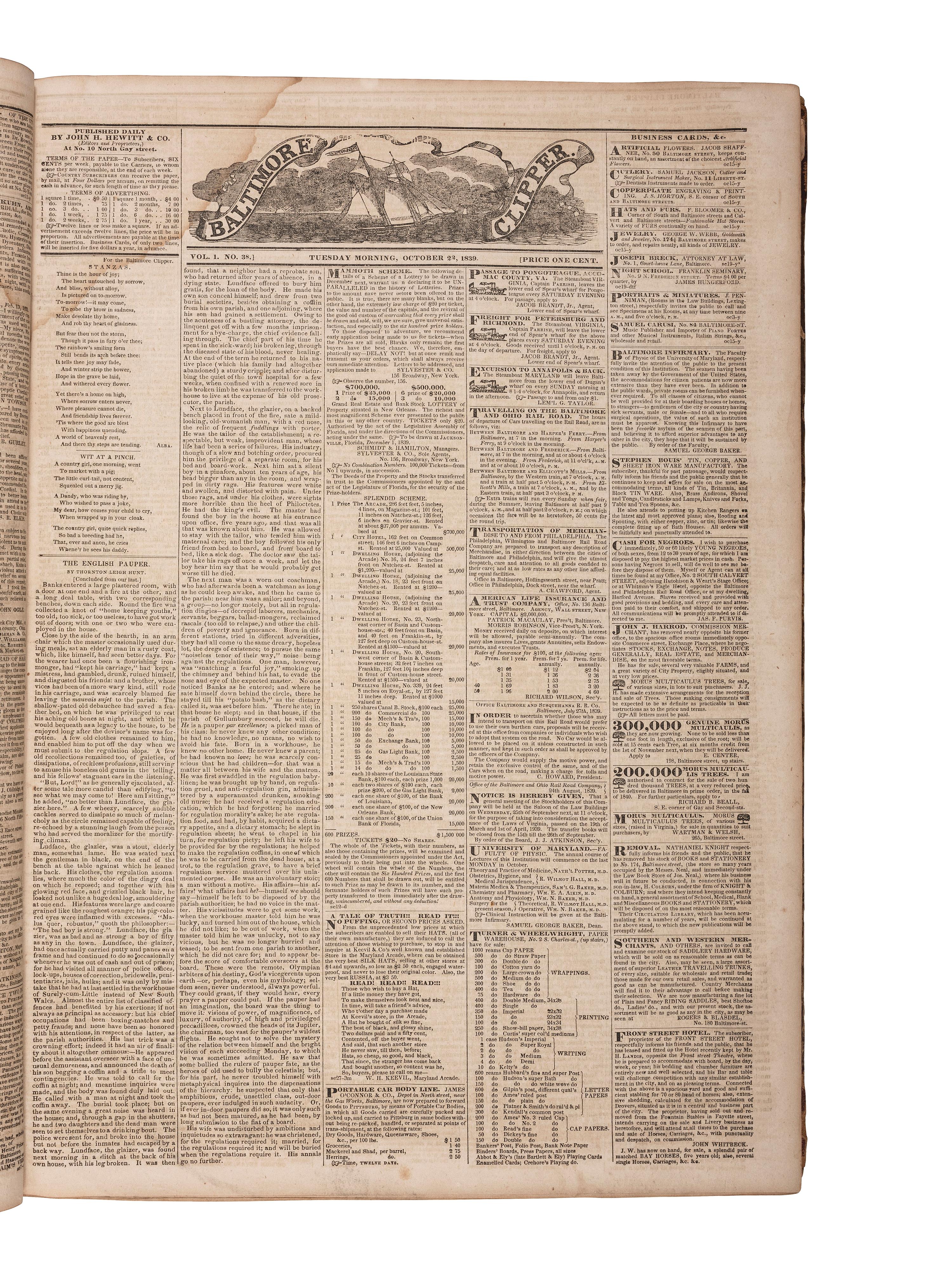 [NEWSPAPERS -- BALTIMORE]. The Baltimore Clipper. Bound volume, 122 issues, October 1839-March 1840.