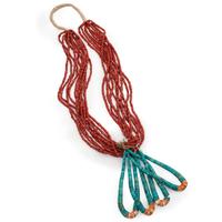 Pueblo Multi-Strand Coral Necklace, with Rolled Turquoise and Spiny Oyster Joclas