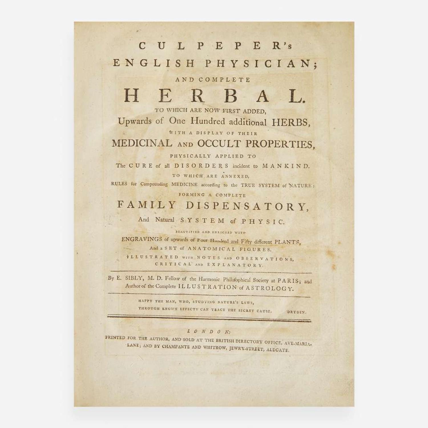 [Science, Medicine, & Mathematics] [Culpeper, Nicholas] Sibly, E(benezer). Culpeper's English Physician; and Complete Herbal...