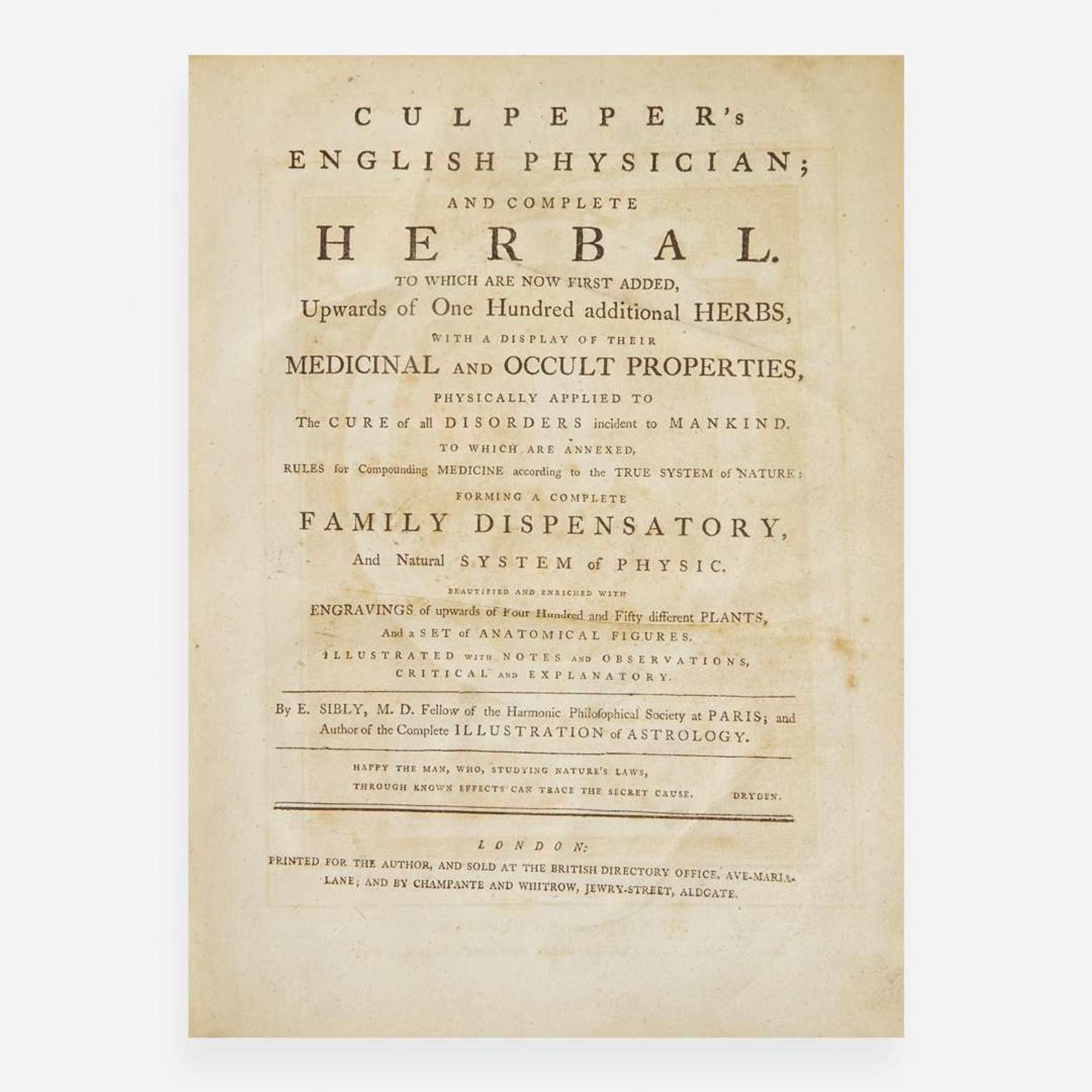 [Science, Medicine, & Mathematics] [Culpeper, Nicholas] Sibly, E(benezer). Culpeper's English Physician; and Complete Herbal...