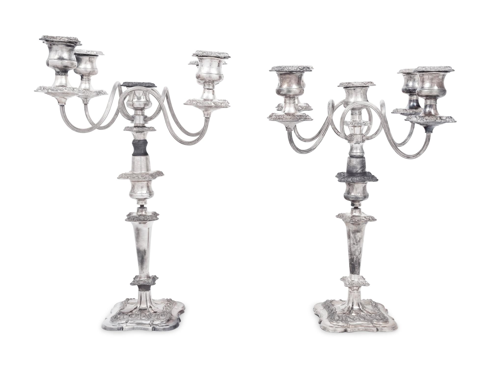 A Pair of English Silver-Plate Convertible Four-Light Candelabra
