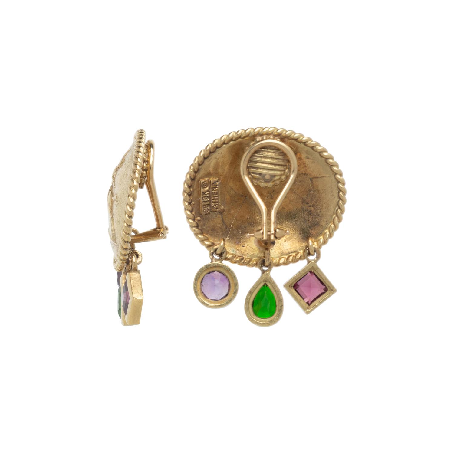 SEIDENGANG, YELLOW GOLD AND MULTIGEM CLIP EARRINGS