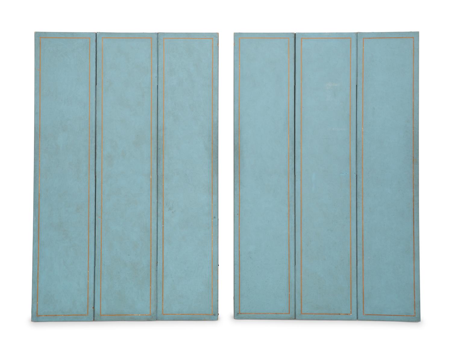 A Pair of French Scenic Wallpaper Three-Panel Screens, Grande Chasse au Tigre dans l'Inde (The Tiger Hunt)