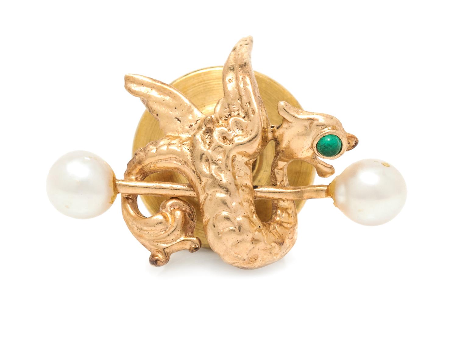 A 14 Karat Gold, Cultured Pearl and Emerald Tie Tack,