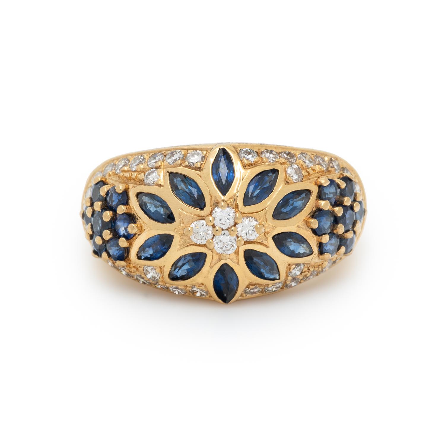 SAPPHIRE, DIAMOND, AND YELLOW GOLD FLOWER RING